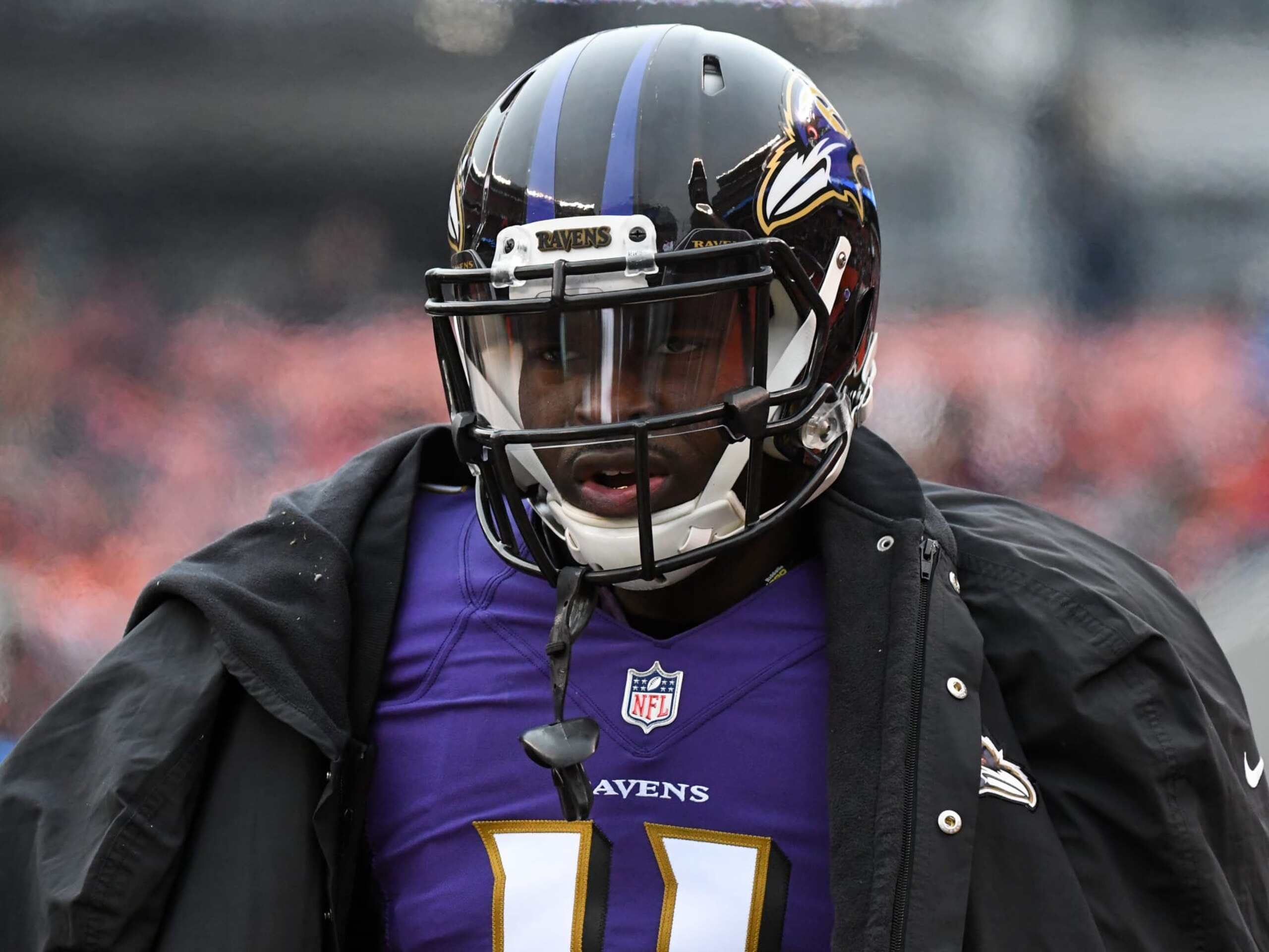 CLEVELAND, OH - DECEMBER 17, 2017: Wide receiver Breshad Perriman #11 of the Baltimore Ravens walks along the sideline in the first quarter of a game on December 17, 2017 against the Cleveland Browns at FirstEnergy Stadium in Cleveland, Ohio. Baltimore won 27-10. (Photo by: 2017 Nick Cammett/Diamond Images/Getty Images)  
