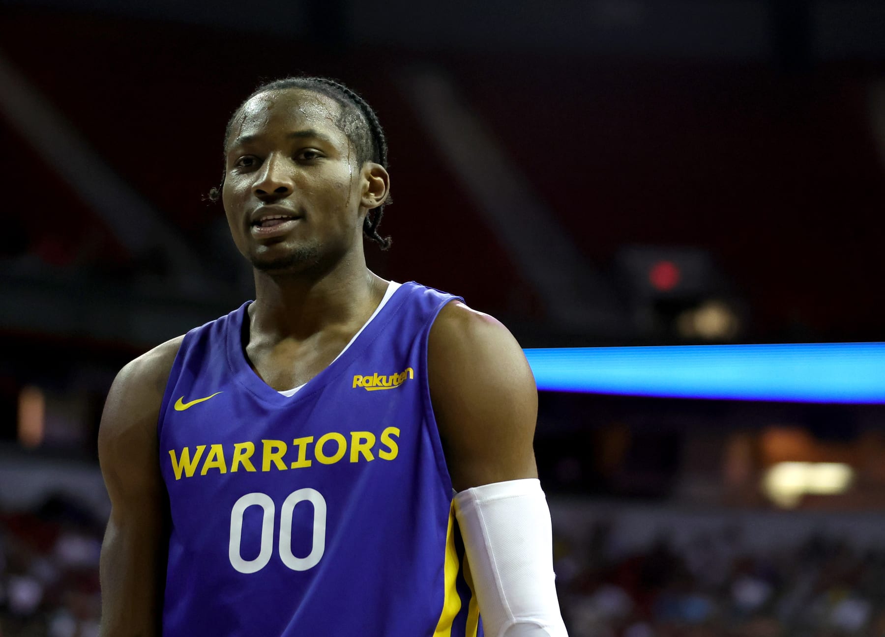 LAS VEGAS, NEVADA - JULY 10: Jonathan Kuminga #0 of the Golden State Warriors walks on the court during a break in a game against the San Antonio Spurs during the 2022 NBA Summer League at the Thomas & Mack Center on July 10, 2022 in Las Vegas, Nevada. NOTE TO USER: User expressly acknowledges and agrees that, by downloading and or using this photograph, User is consenting to the terms and conditions of the Getty Images License Agreement. (Photo by Ethan Miller/Getty Images)