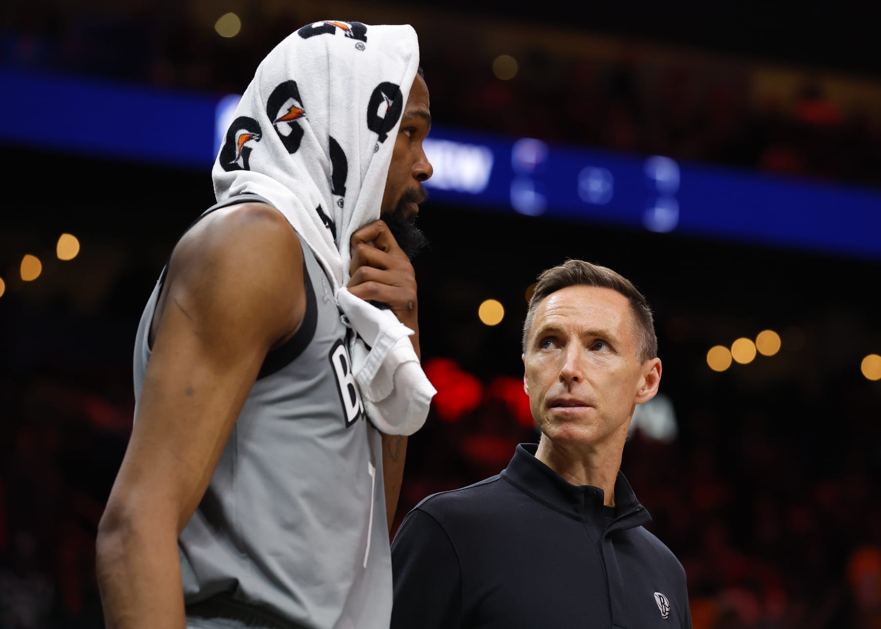 ATLANTA, GA - APRIL 02: Head Coach Steve Nash speaks with Kevin Durant #7 of the Brooklyn Nets during a timeout in the second half against the Atlanta Hawks at State Farm Arena on April 2, 2022 in Atlanta, Georgia. NOTE TO USER: User expressly acknowledges and agrees that, by downloading and or using this photograph, User is consenting to the terms and conditions of the Getty Images License Agreement. (Photo by Todd Kirkland/Getty Images) ATLANTA, GA - APRIL 02: Head Coach Steve Nash speaks with Kevin Durant #7 of the Brooklyn Nets during a timeout in the second half against the Atlanta Hawks at State Farm Arena on April 2, 2022 in Atlanta, Georgia. NOTE TO USER: User expressly acknowledges and agrees that, by downloading and or using this photograph, User is consenting to the terms and conditions of the Getty Images License Agreement. (Photo by Todd Kirkland/Getty Images)