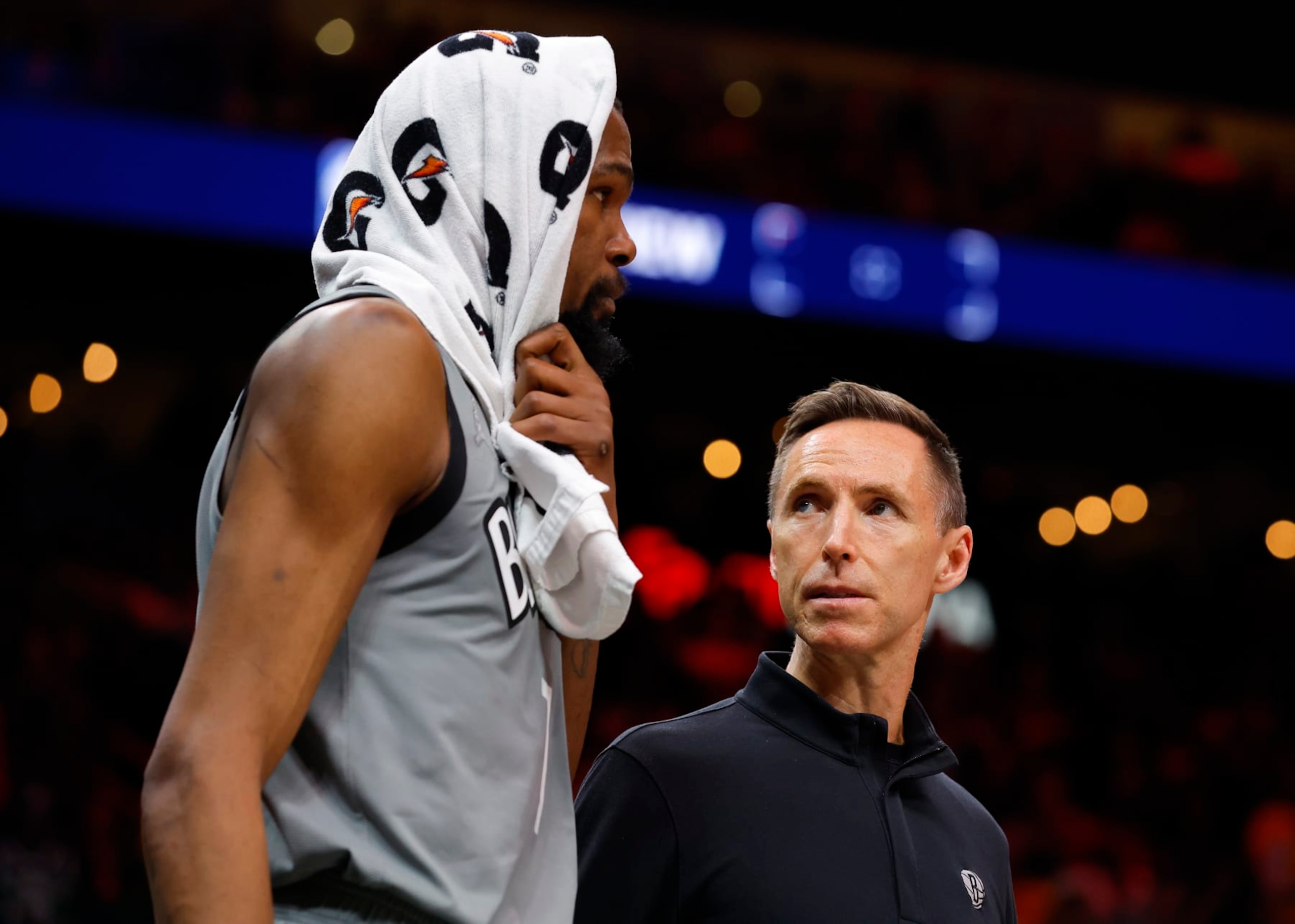 ATLANTA, GA - APRIL 02: Head Coach Steve Nash speaks with Kevin Durant #7 of the Brooklyn Nets during a timeout in the second half against the Atlanta Hawks at State Farm Arena on April 2, 2022 in Atlanta, Georgia. NOTE TO USER: User expressly acknowledges and agrees that, by downloading and or using this photograph, User is consenting to the terms and conditions of the Getty Images License Agreement. (Photo by Todd Kirkland/Getty Images)
