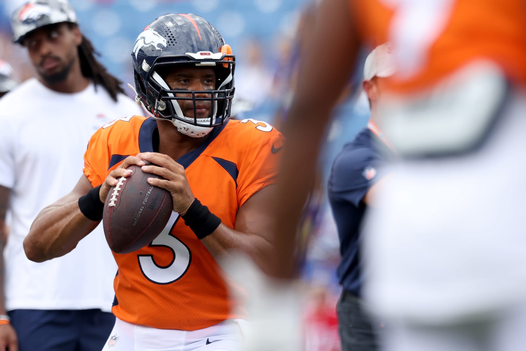 ORCHARD PARK, NEW YORK - AUGUST 20: Russell Wilson #3 of the Denver Broncos warms up prior to a preseason game against the Buffalo Bills at Highmark Stadium on August 20, 2022 in Orchard Park, New York. (Photo by Bryan Bennett/Getty Images)