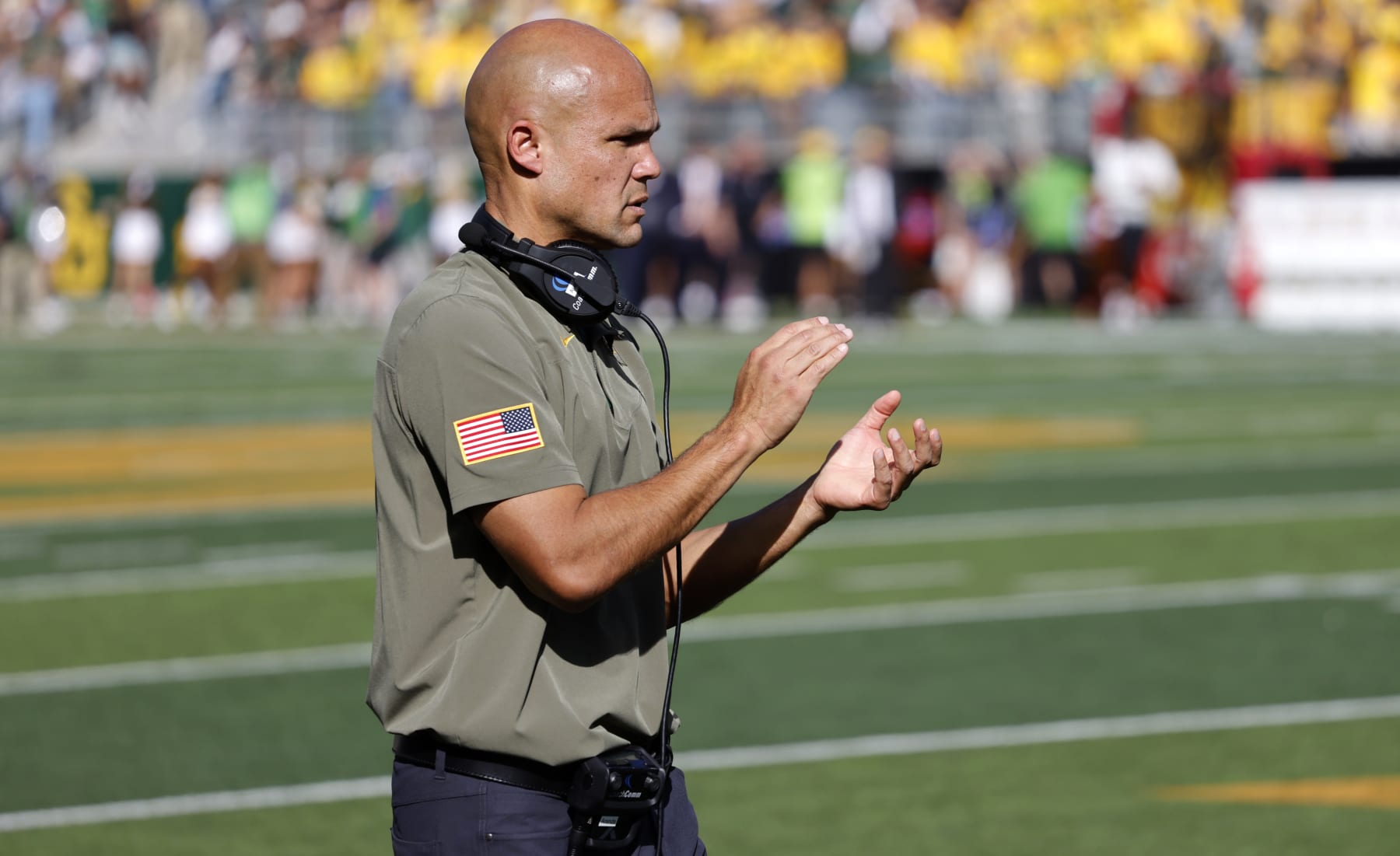WACO, TX - NOVEMBER 13: Head coach Dave Aranda of the Baylor Bears applauds his players as they take on the Oklahoma Sooners in the second half at McLane Stadium on November 13, 2021 in Waco, Texas. Baylor won 27-14. (Photo by Ron Jenkins/Getty Images)
