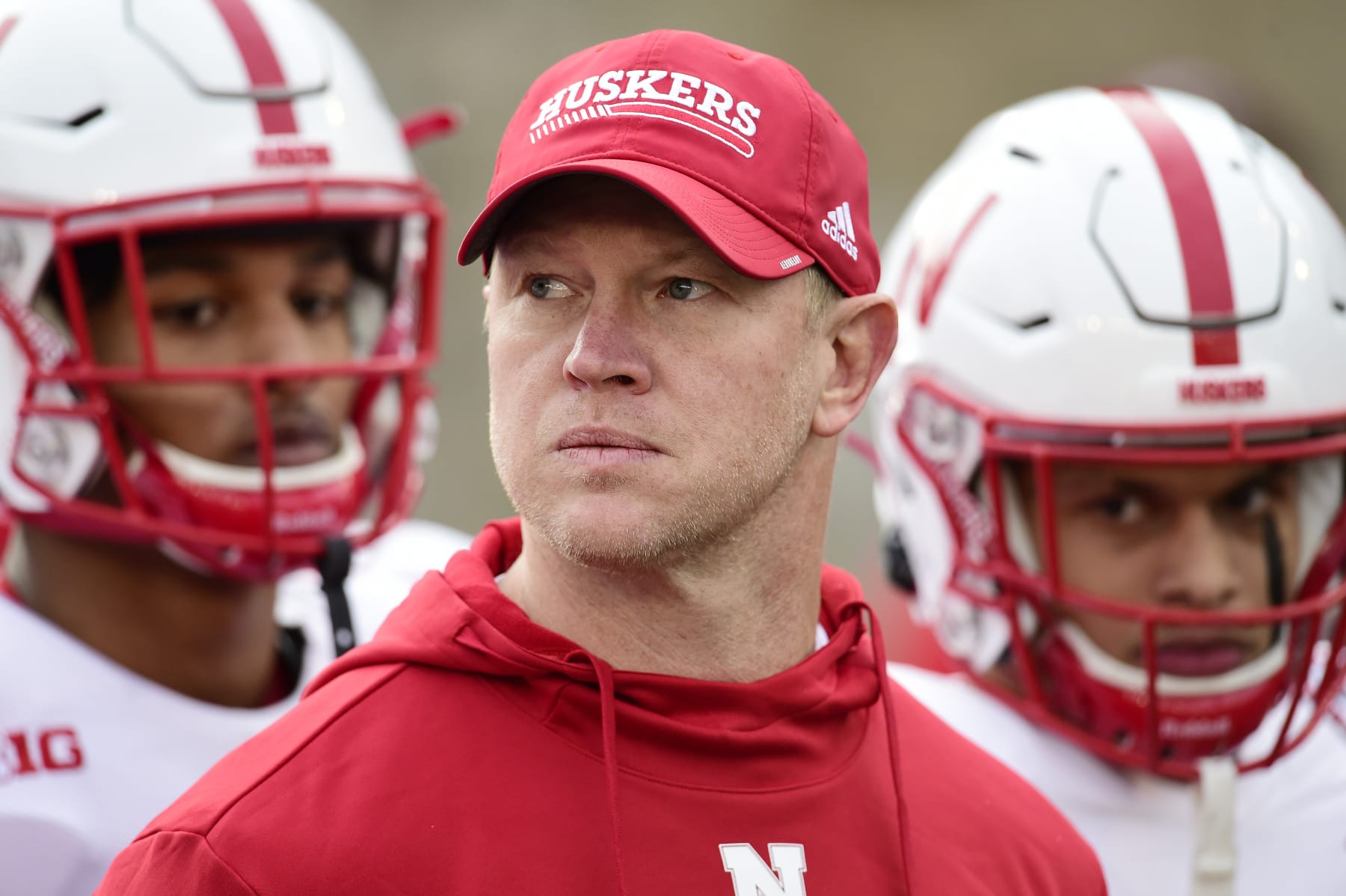 MADISON, WISCONSIN - NOVEMBER 20: Head coach Scott Frost of the Nebraska Cornhuskers looks on before a game against the Wisconsin Badgers at Camp Randall Stadium on November 20, 2021 in Madison, Wisconsin. (Photo by Patrick McDermott/Getty Images)