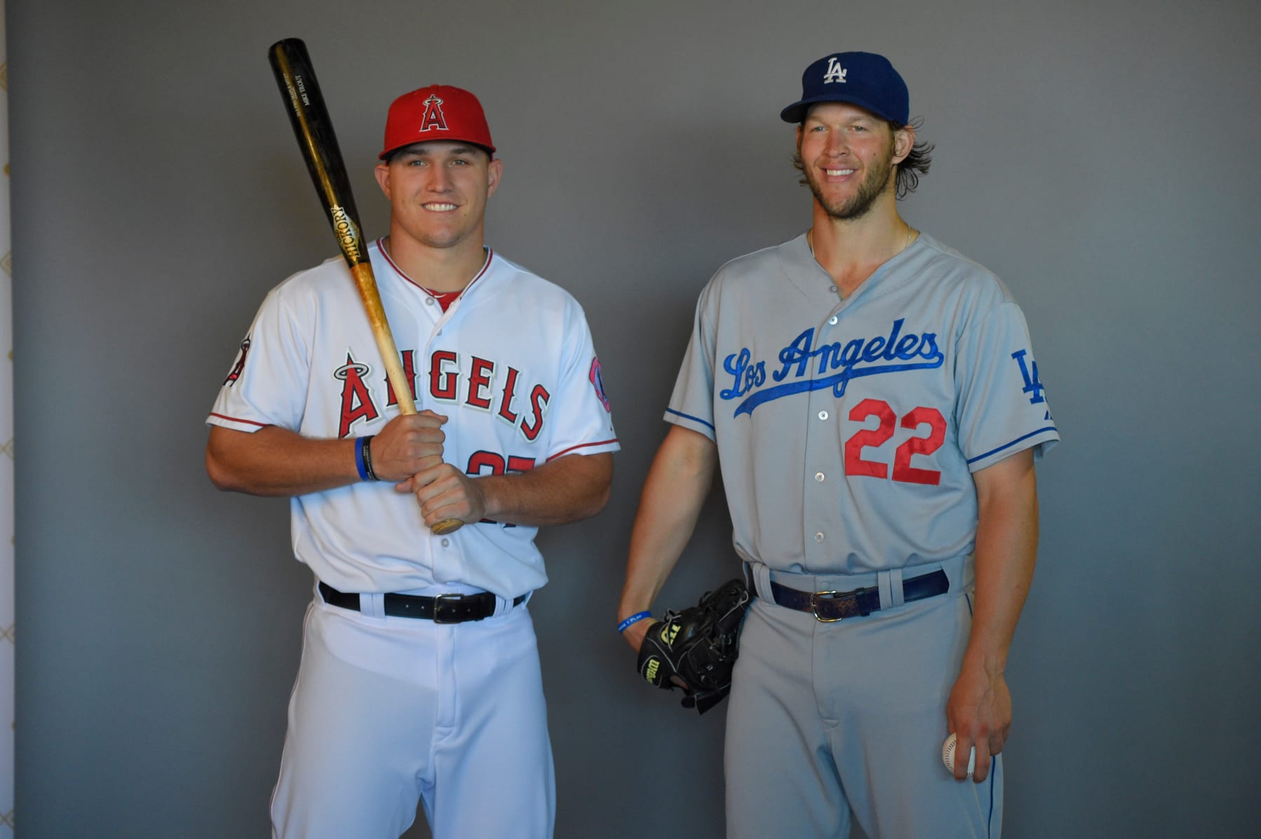 ANAHEIM, CA - AUGUST 07: A behind the scenes photograph of Mike Trout #27 of the Los Angeles Angels of Anaheim and Clayton Kershaw #22 of the Los Angeles Dodgers during a photo shoot before the game on August 7, 2014 at Angel Stadium of Anaheim in Anaheim, California. (Photo by Matt Brown/Angels Baseball LP/Getty Images)