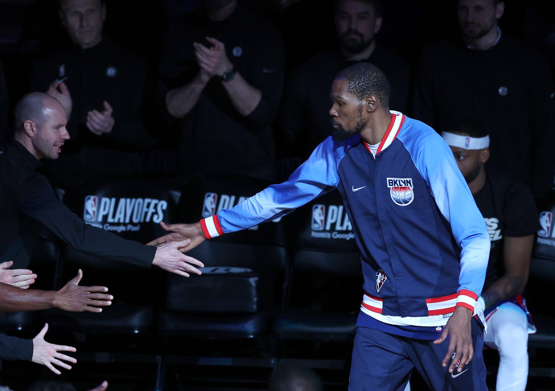 NEW YORK, NEW YORK - APRIL 25: Kevin Durant #7 of the Brooklyn Nets is introduced before Game Four of the Eastern Conference First Round Playoffs against the Boston Celtics at Barclays Center on April 25, 2022 in the Brooklyn borough of New York City. NOTE TO USER: User expressly acknowledges and agrees that, by downloading and or using this photograph, User is consenting to the terms and conditions of the Getty Images License Agreement. (Photo by Elsa/Getty Images) NEW YORK, NEW YORK - APRIL 25: Kevin Durant #7 of the Brooklyn Nets is introduced before Game Four of the Eastern Conference First Round Playoffs against the Boston Celtics at Barclays Center on April 25, 2022 in the Brooklyn borough of New York City. NOTE TO USER: User expressly acknowledges and agrees that, by downloading and or using this photograph, User is consenting to the terms and conditions of the Getty Images License Agreement. (Photo by Elsa/Getty Images)