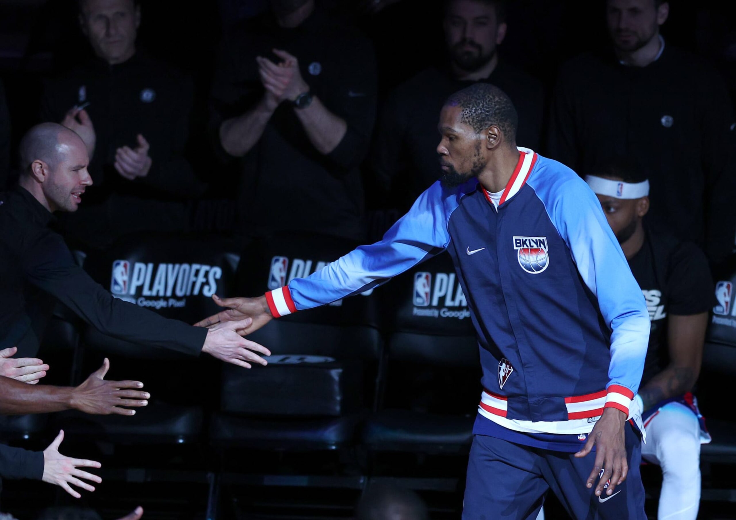 NEW YORK, NEW YORK - APRIL 25: Kevin Durant #7 of the Brooklyn Nets is introduced before Game Four of the Eastern Conference First Round Playoffs against the Boston Celtics at Barclays Center on April 25, 2022 in the Brooklyn borough of New York City. NOTE TO USER: User expressly acknowledges and agrees that, by downloading and or using this photograph, User is consenting to the terms and conditions of the Getty Images License Agreement. (Photo by Elsa/Getty Images)