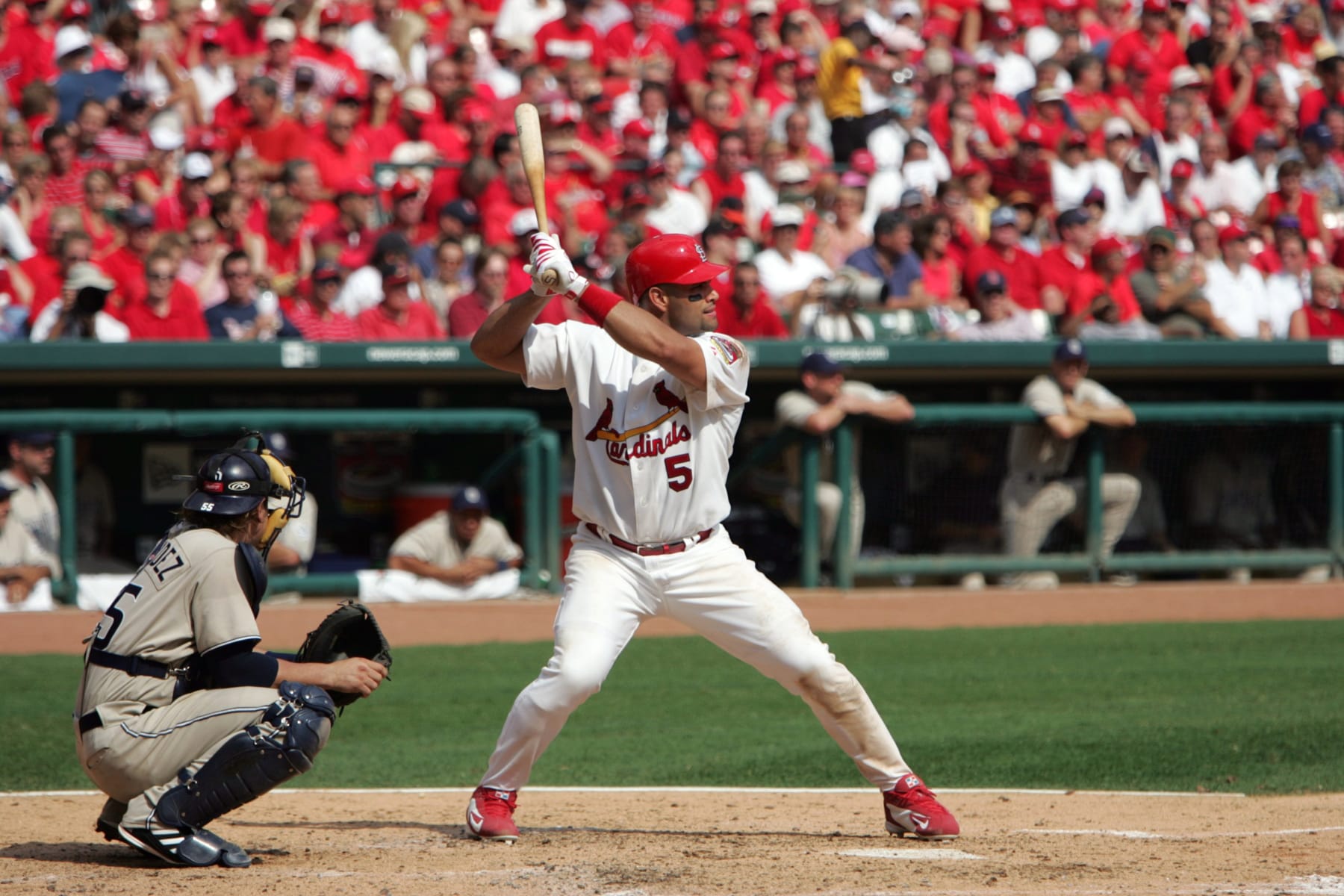 UNITED STATES - OCTOBER 04:  Baseball: NLDS Playoffs, St, Louis Cardinals Albert Pujols (5) in action, at bat vs San Diego Padres, Game 1, St, Louis, MO 10/4/2005  (Photo by David E. Klutho/Sports Illustrated via Getty Images)  (SetNumber: X74383 TK1)