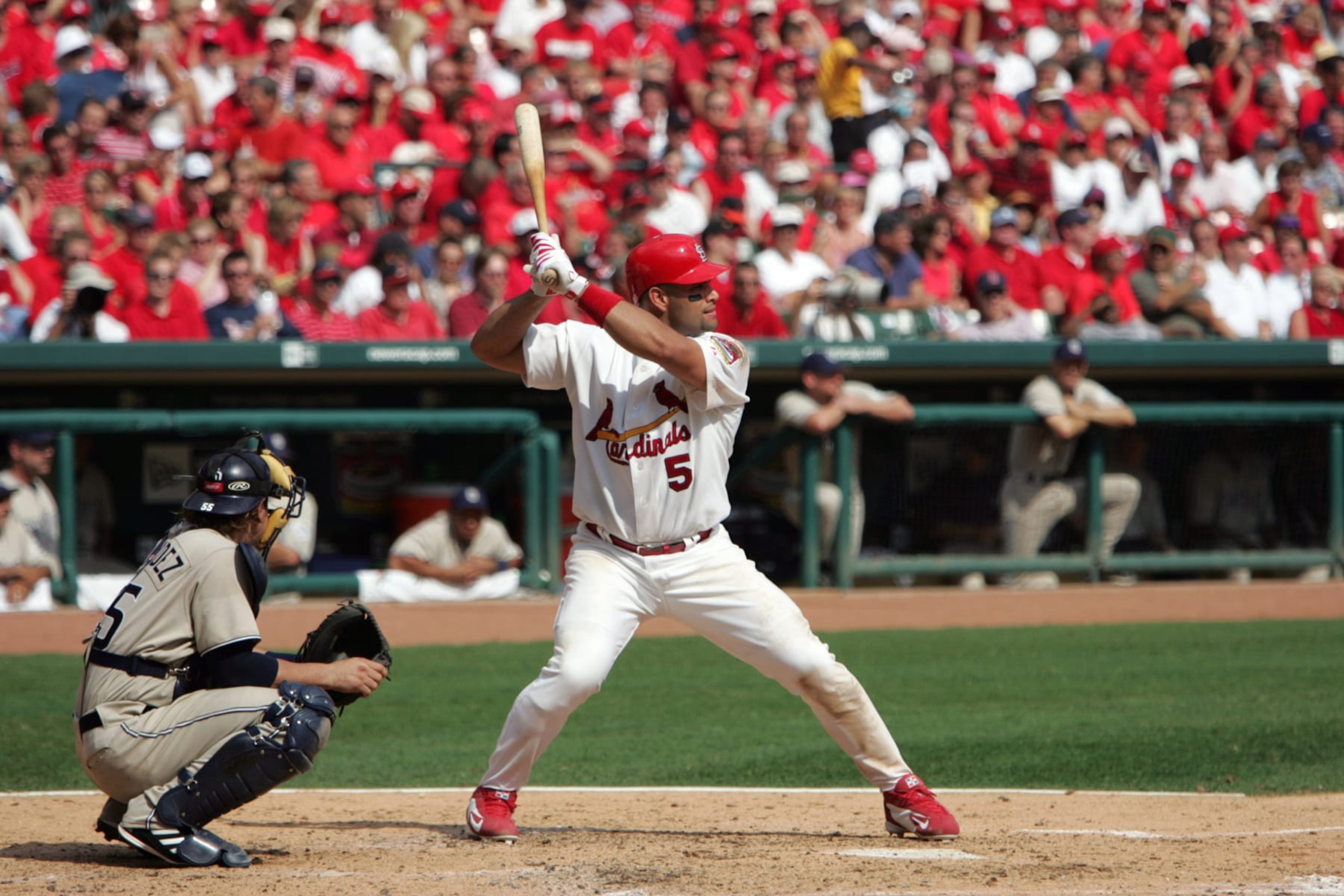 UNITED STATES - OCTOBER 04: Baseball: NLDS Playoffs, St, Louis Cardinals Albert Pujols (5) in action, at bat vs San Diego Padres, Game 1, St, Louis, MO 10/4/2005 (Photo by David E. Klutho/Sports Illustrated via Getty Images) (SetNumber: X74383 TK1) UNITED STATES - OCTOBER 04: Baseball: NLDS Playoffs, St, Louis Cardinals Albert Pujols (5) in action, at bat vs San Diego Padres, Game 1, St, Louis, MO 10/4/2005 (Photo by David E. Klutho/Sports Illustrated via Getty Images) (SetNumber: X74383 TK1)