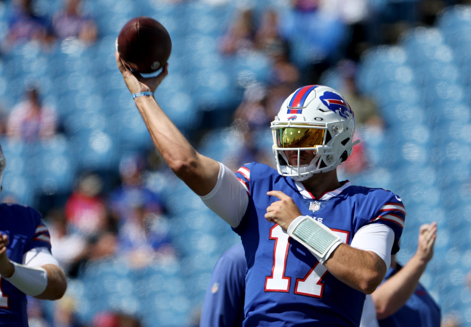 ORCHARD PARK, NY - AUGUST 13: Josh Allen #17 of the Buffalo Bills throws a pass before a preseason game against the Indianapolis Colts at Highmark Stadium on August 13, 2022 in Orchard Park, New York. (Photo by Timothy T Ludwig/Getty Images)
