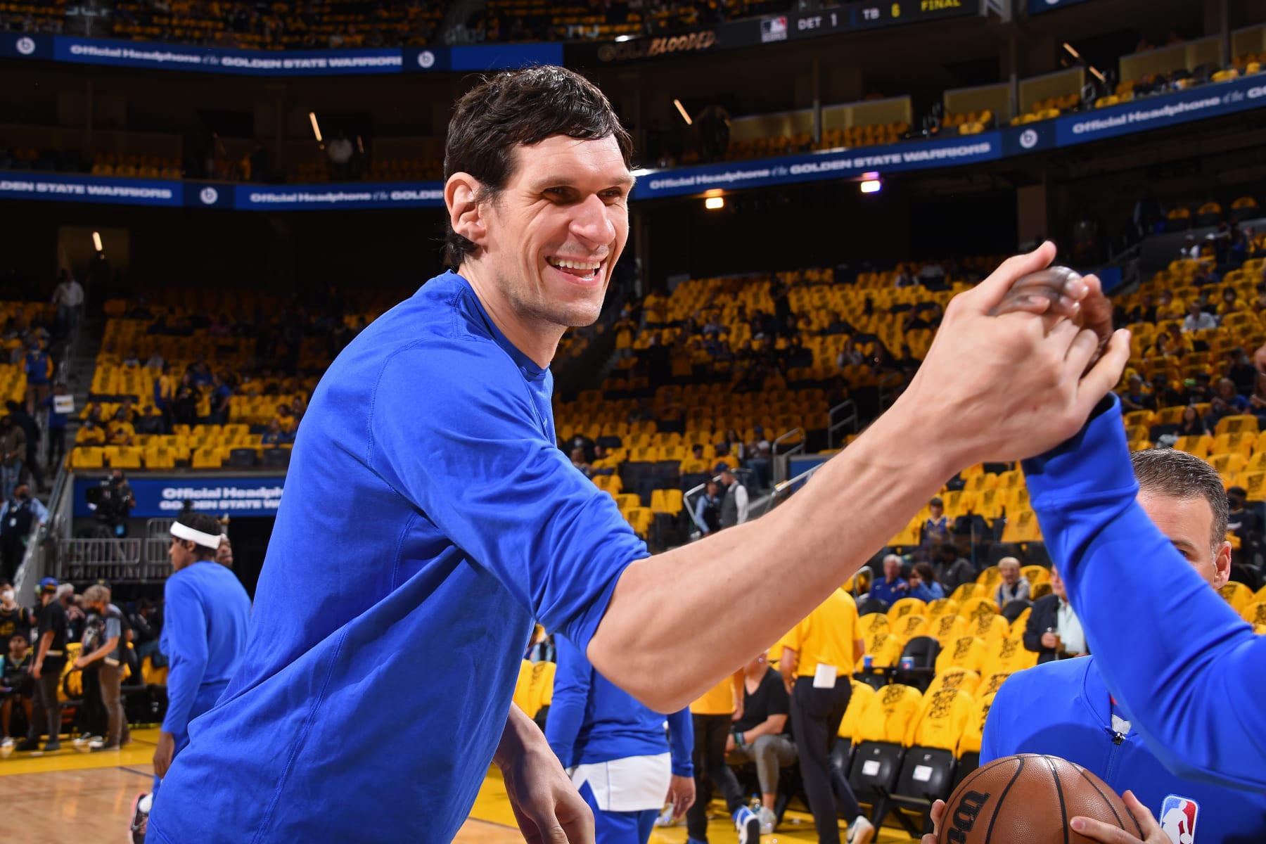 SAN FRANCISCO, CA - MAY 18: Boban Marjanovic #51 of the Dallas Mavericks high fives an NBA referee before Game 1 of the 2022 NBA Playoffs Western Conference Finals on May 18, 2022 at Chase Center in San Francisco, California. NOTE TO USER: User expressly acknowledges and agrees that, by downloading and or using this photograph, user is consenting to the terms and conditions of Getty Images License Agreement. Mandatory Copyright Notice: Copyright 2022 NBAE (Photo by  Andrew D. Bernstein/NBAE via Getty Images)