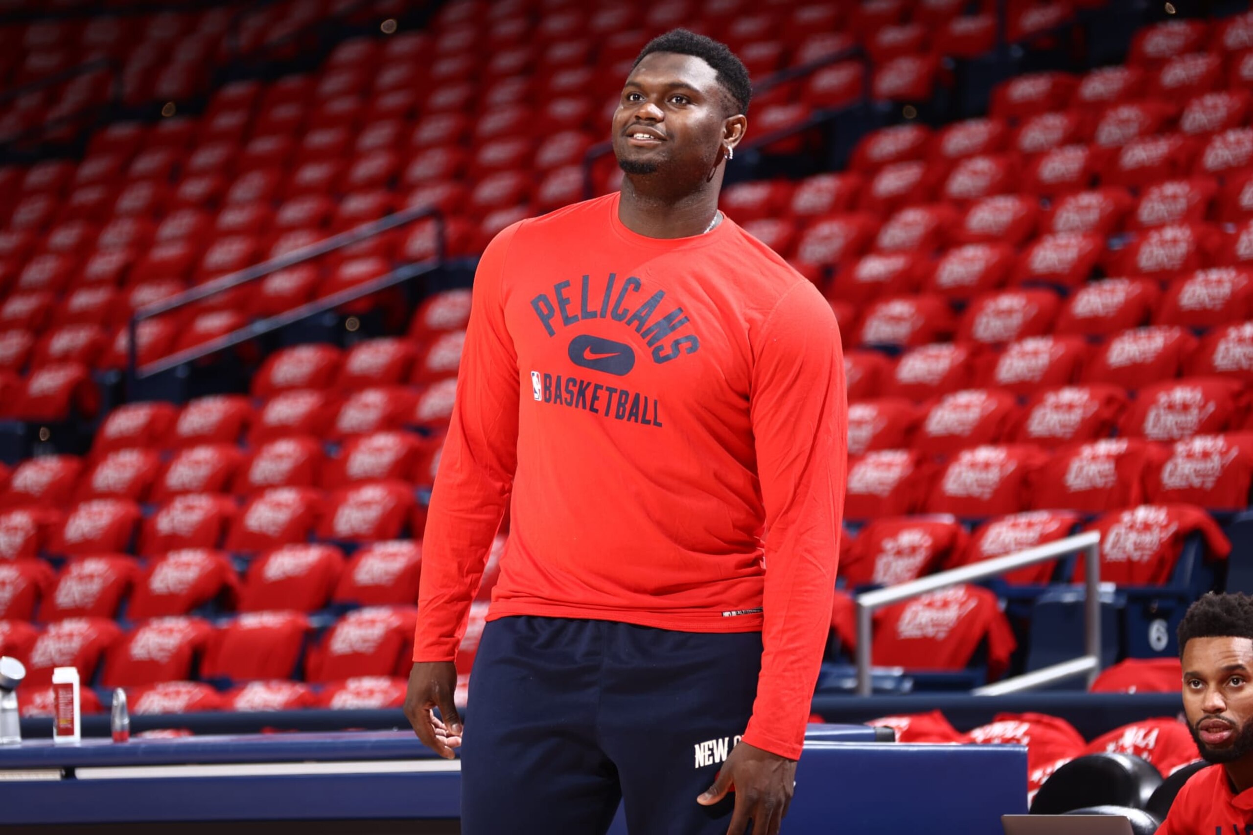 NEW ORLEANS, LA - APRIL 28: Zion Williamson #1 of the New Orleans Pelicans smiles before Round 1 Game 6 of the 2022 NBA Playoffs on April 28, 2022 at the Smoothie King Center in New Orleans, Louisiana. NOTE TO USER: User expressly acknowledges and agrees that, by downloading and or using this Photograph, user is consenting to the terms and conditions of the Getty Images License Agreement. Mandatory Copyright Notice: Copyright 2022 NBAE (Photo by Ned Dishman/NBAE via Getty Images)