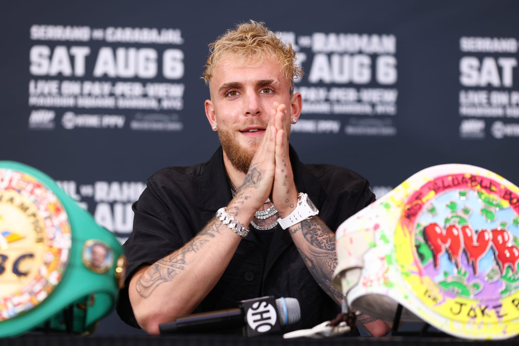 NEW YORK, NEW YORK - JULY 12: Jake Paul answers questions from the media during a press conference at Madison Square Garden on July 12, 2022 in New York City. (Photo by Mike Stobe/Getty Images)