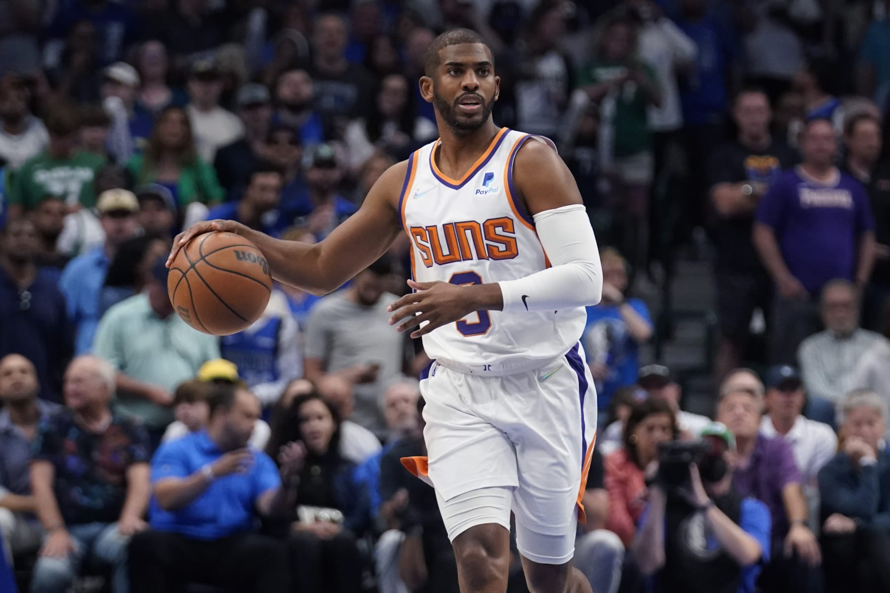 Phoenix Suns guard Chris Paul (3) advances the ball against the Dallas Mavericks during the first half of Game 6 of an NBA basketball second-round playoff series, Thursday, May 12, 2022, in Dallas. (AP Photo/Tony Gutierrez)