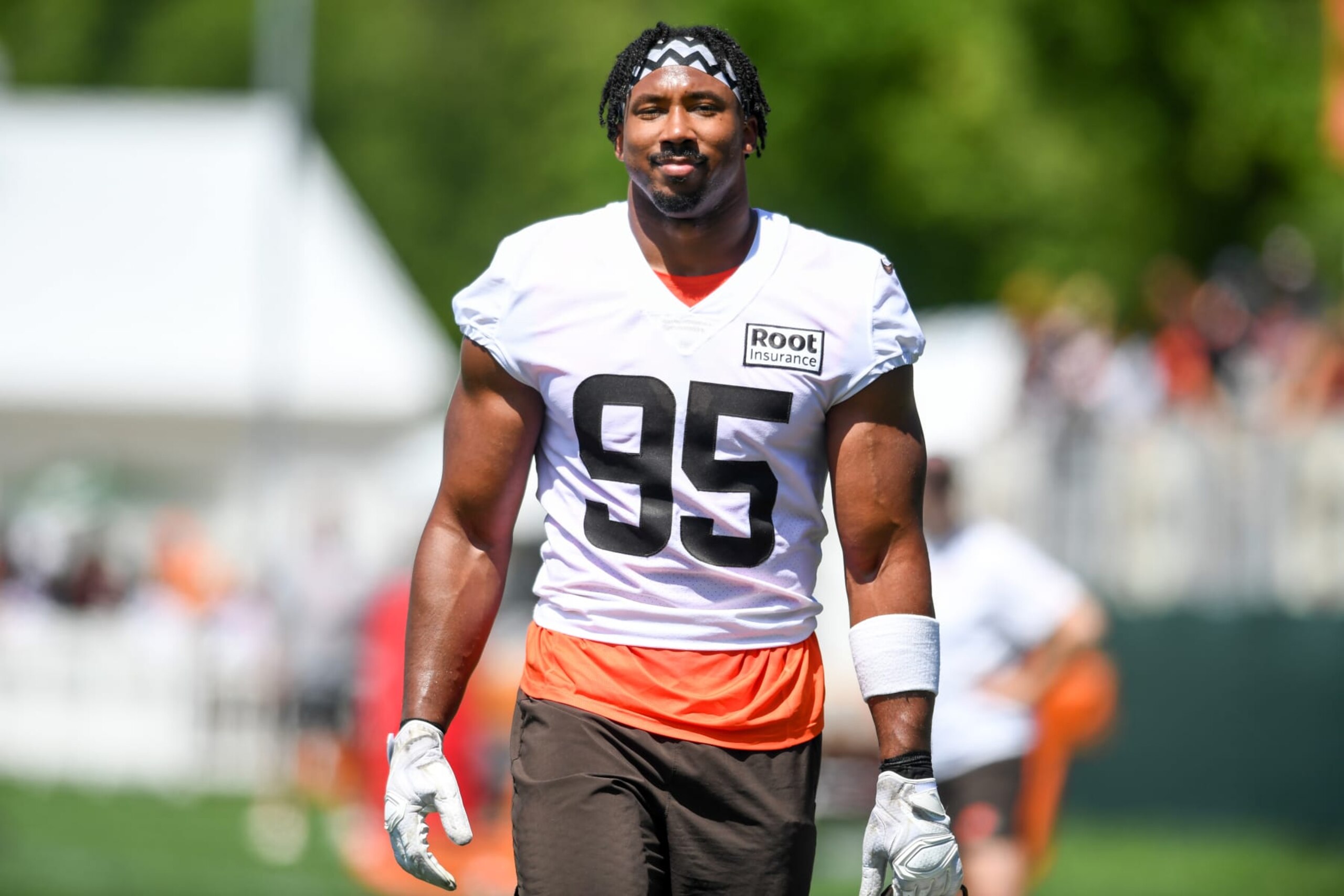 BEREA, OH - JULY 30: Myles Garrett #95 of the Cleveland Browns looks on during Cleveland Browns training camp at CrossCountry Mortgage Campus on July 30, 2022 in Berea, Ohio. (Photo by Nick Cammett/Diamond Images via Getty Images)