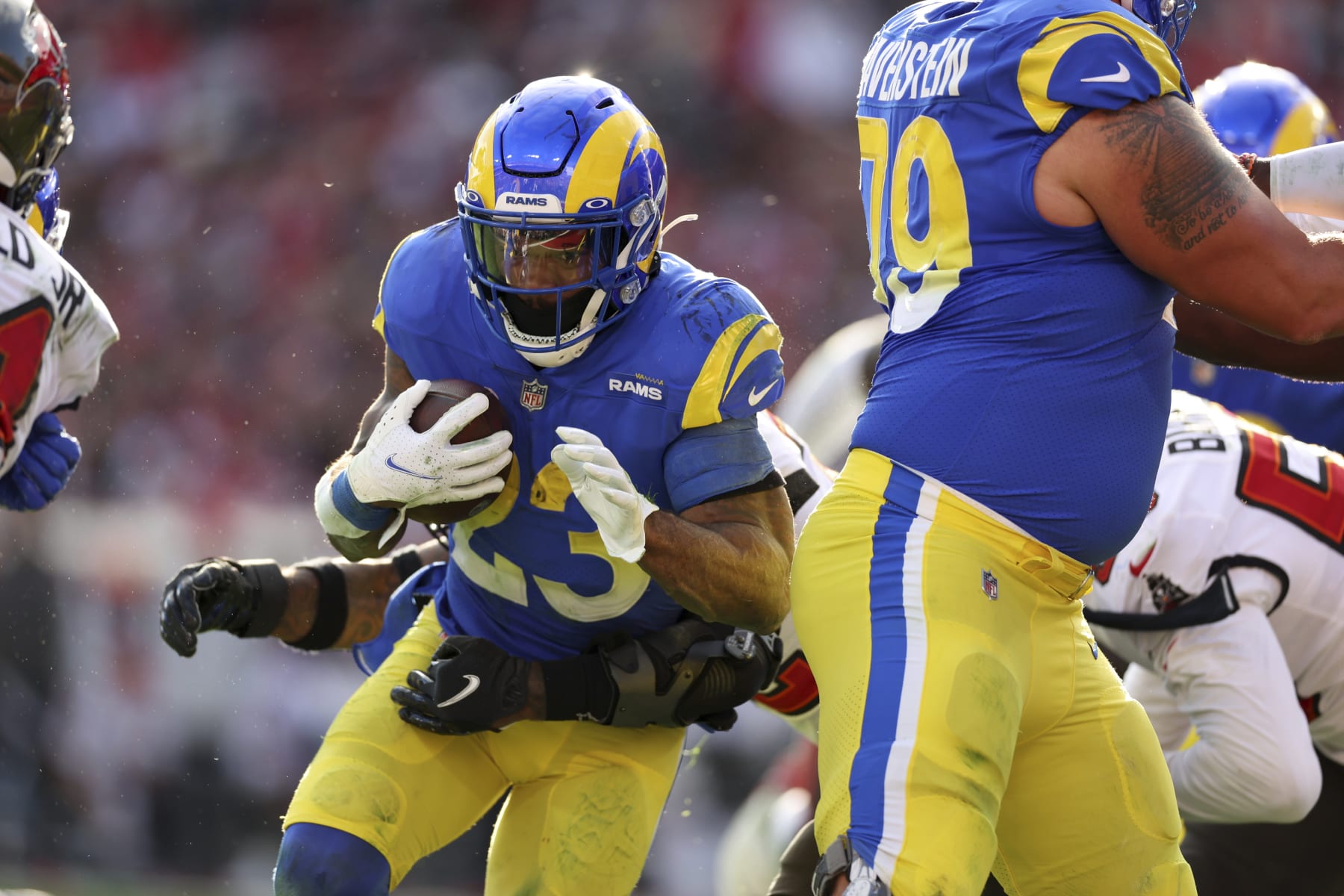 Football: NFL Playoffs:  Los Angeles Rams Cam Akers (23) in action, rushing vs Tampa Bay Buccaneers at Raymond James Stadium. Tampa, FL 1/23/2022 CREDIT: Simon Bruty (Photo by Simon Bruty/Sports Illustrated via Getty Images) (Set Number: X163913 TK1)