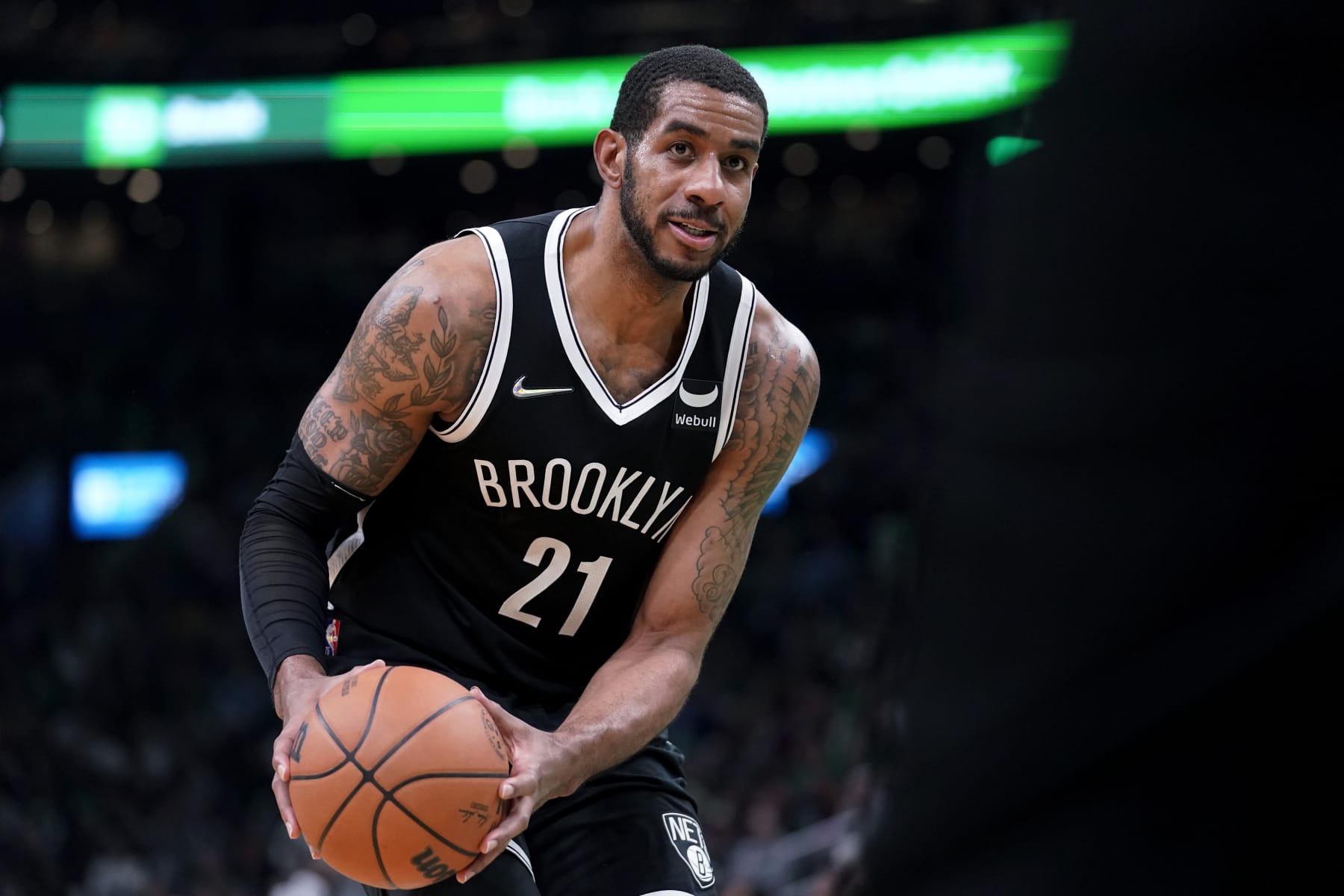 Brooklyn Nets center LaMarcus Aldridge (21) in the second half of an NBA basketball game against the Boston Celtics, Sunday, March 6, 2022, in Boston. The Celtics won 126-120 over the Nets. (AP Photo/Steven Senne)