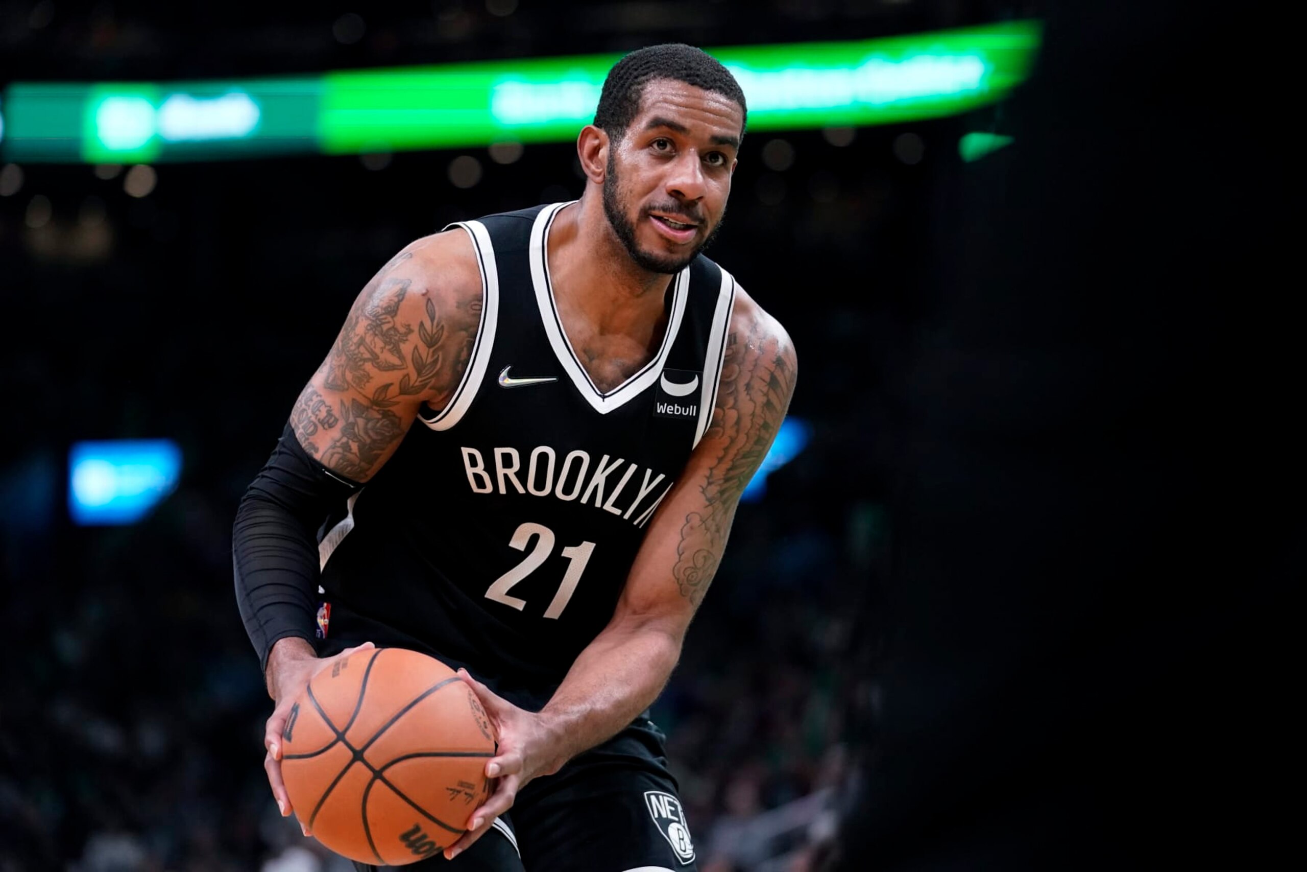 Brooklyn Nets center LaMarcus Aldridge (21) in the second half of an NBA basketball game against the Boston Celtics, Sunday, March 6, 2022, in Boston. The Celtics won 126-120 over the Nets. (AP Photo/Steven Senne)