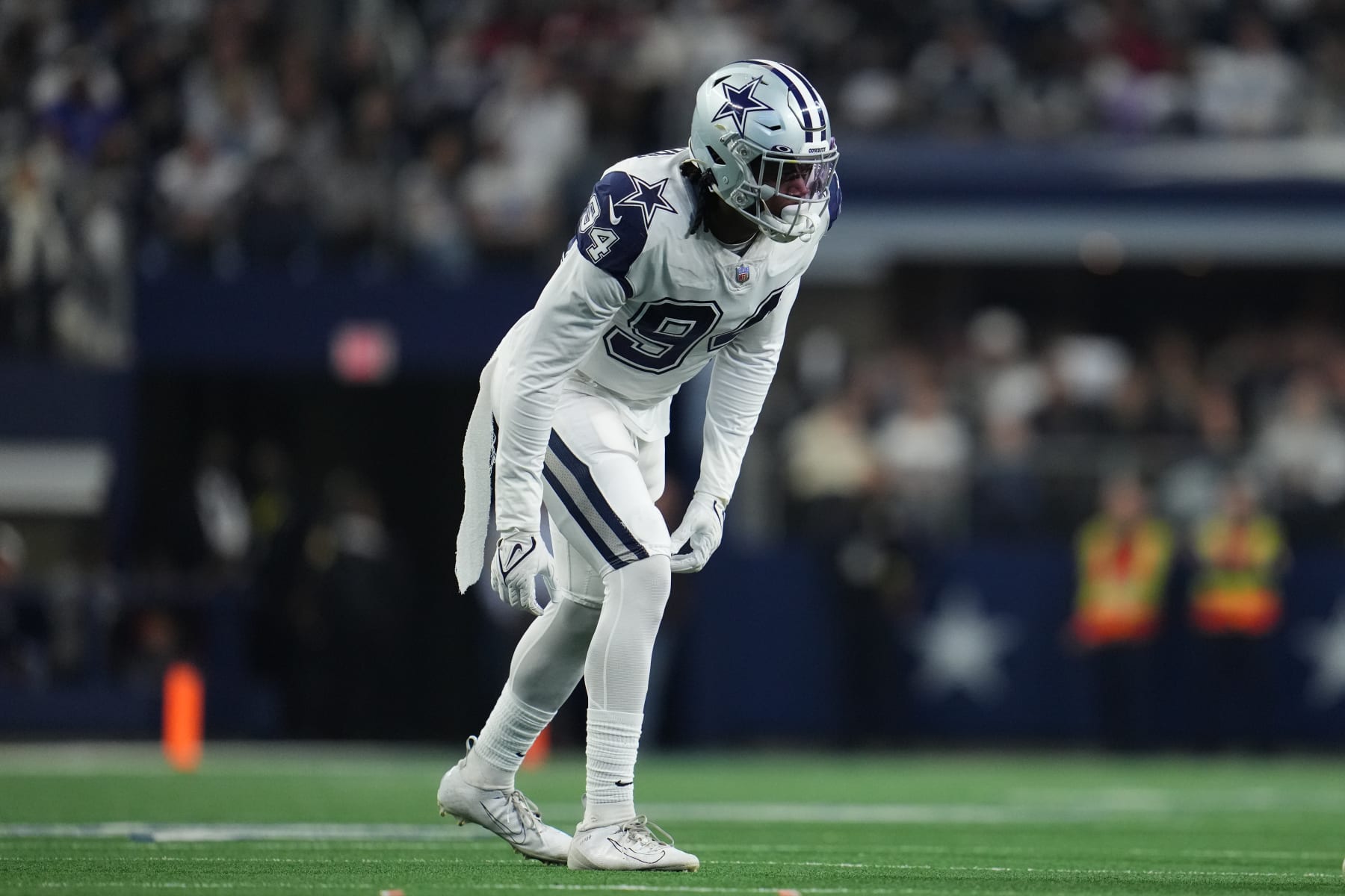 ARLINGTON, TEXAS - JANUARY 02: Randy Gregory #94 of the Dallas Cowboys gets set against the Arizona Cardinals during an NFL game at AT&T Stadium on January 02, 2022 in Arlington, Texas. (Photo by Cooper Neill/Getty Images)