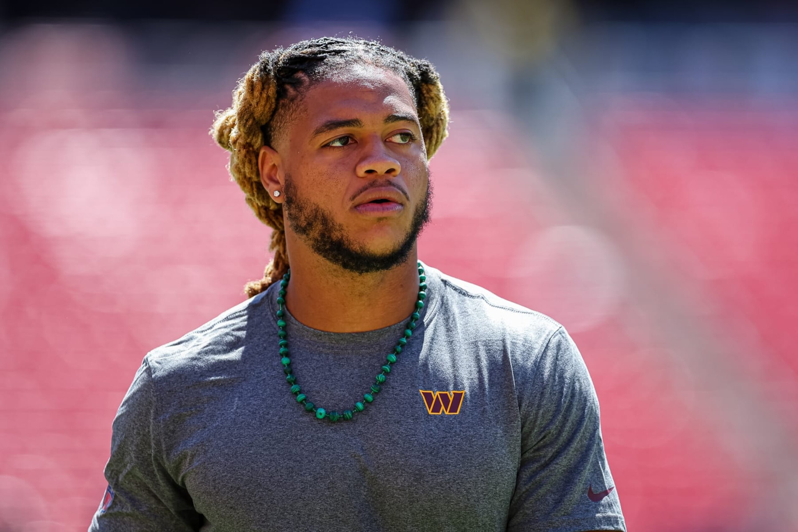 LANDOVER, MD - AUGUST 13: Chase Young #99 of the Washington Commanders looks on before the preseason game against the Carolina Panthers at FedExField on August 13, 2022 in Landover, Maryland. (Photo by Scott Taetsch/Getty Images) LANDOVER, MD - AUGUST 13: Chase Young #99 of the Washington Commanders looks on before the preseason game against the Carolina Panthers at FedExField on August 13, 2022 in Landover, Maryland. (Photo by Scott Taetsch/Getty Images)