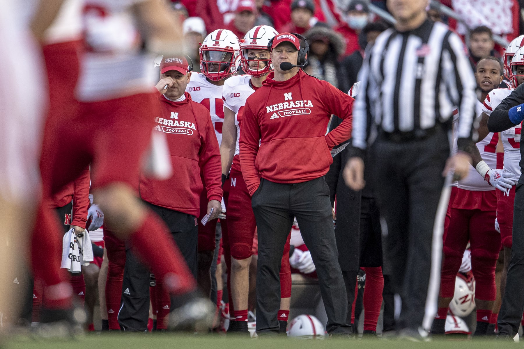 MADISON, WI - NOVEMBER 20: Nebraska Cornhuskers head coach Scott Frost watches on from the sideline durning a college football game between the Nebraska Cornhuskers and the Wisconsin Badgers on November 20th, 2021 at Camp Randall Stadium in Madison, WI. (Photo by Dan Sanger/Icon Sportswire via Getty Images)