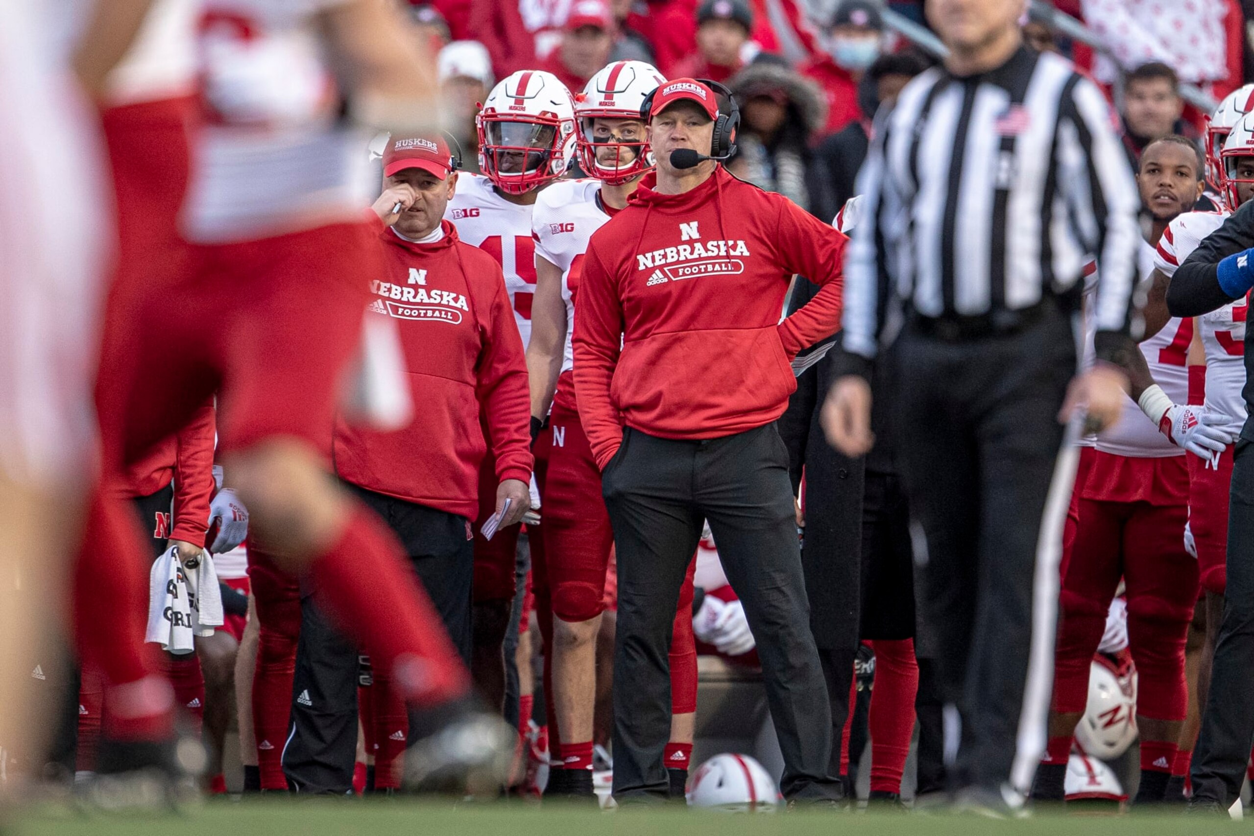 MADISON, WI - NOVEMBER 20: Nebraska Cornhuskers head coach Scott Frost watches on from the sideline durning a college football game between the Nebraska Cornhuskers and the Wisconsin Badgers on November 20th, 2021 at Camp Randall Stadium in Madison, WI. (Photo by Dan Sanger/Icon Sportswire via Getty Images)