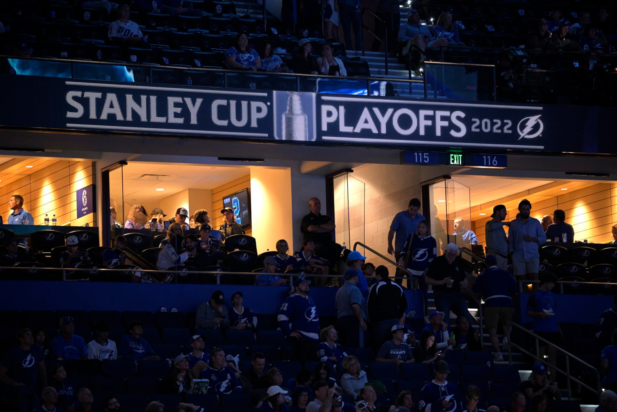 The Stanley Cup Playoffs message is displayed on a screen in the stands before the second period of Game 3 of the NHL hockey Stanley Cup Finals between the Tampa Bay Lightning and the Colorado Avalanche on Monday, June 20, 2022, in Tampa, Fla. (AP Photo/Phelan M. Ebenhack) The Stanley Cup Playoffs message is displayed on a screen in the stands before the second period of Game 3 of the NHL hockey Stanley Cup Finals between the Tampa Bay Lightning and the Colorado Avalanche on Monday, June 20, 2022, in Tampa, Fla. (AP Photo/Phelan M. Ebenhack)