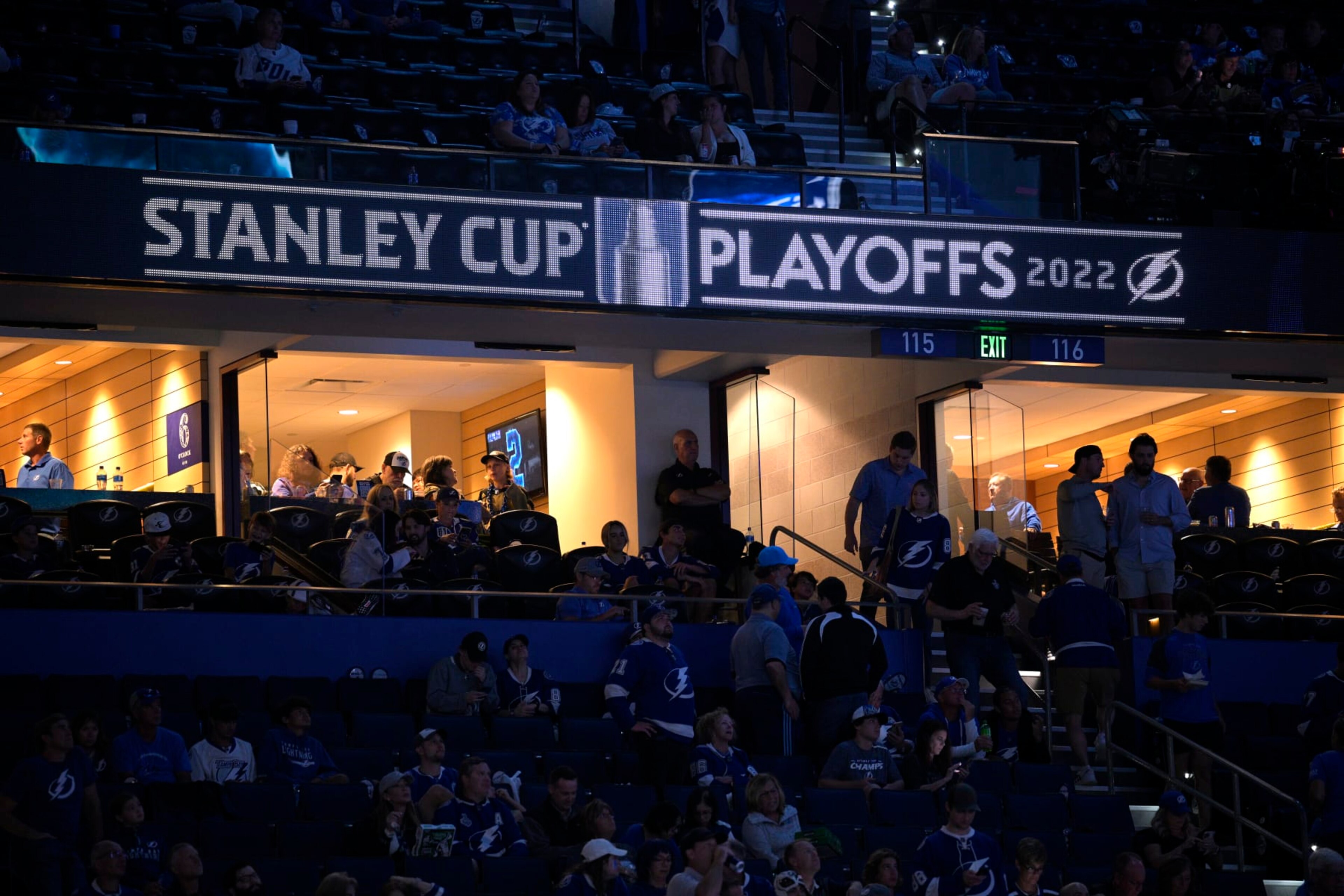 The Stanley Cup Playoffs message is displayed on a screen in the stands before the second period of Game 3 of the NHL hockey Stanley Cup Finals between the Tampa Bay Lightning and the Colorado Avalanche on Monday, June 20, 2022, in Tampa, Fla. (AP Photo/Phelan M. Ebenhack) The Stanley Cup Playoffs message is displayed on a screen in the stands before the second period of Game 3 of the NHL hockey Stanley Cup Finals between the Tampa Bay Lightning and the Colorado Avalanche on Monday, June 20, 2022, in Tampa, Fla. (AP Photo/Phelan M. Ebenhack)