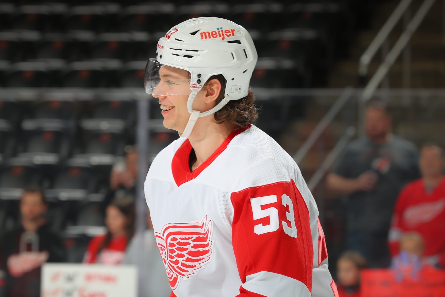 NEWARK, NJ - APRIL  24:  Moritz Seider #53 of the Detroit Red Wings skates during warm up  prior to the game against the New Jersey Devils on April 24, 2022 at the Prudential Center in Newark, New Jersey.  (Photo by Rich Graessle/Getty Images)
