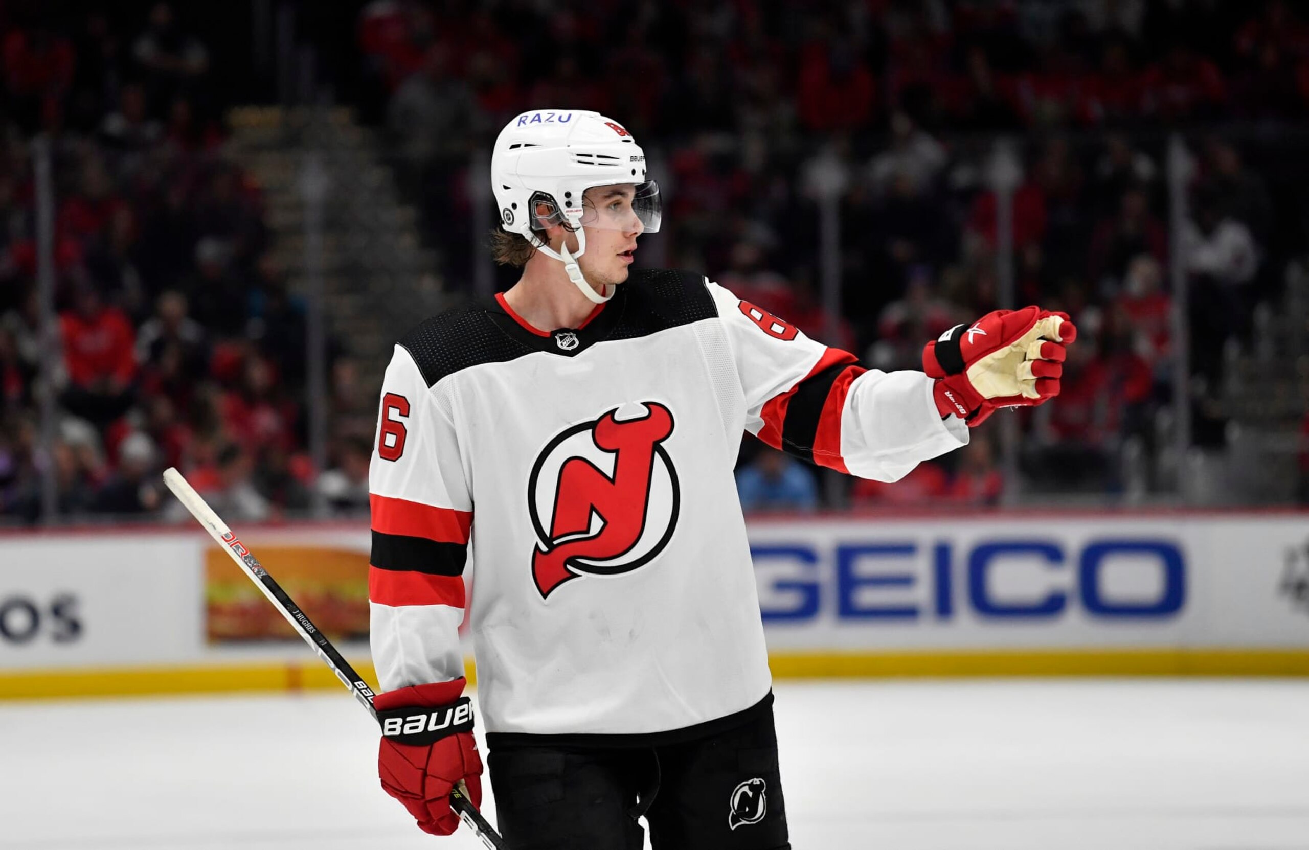WASHINGTON, DC - MARCH 26: Devils center Jack Hughes (86) waits for a face-off during the New Jersey Devils versus Washington Capitals National Hockey League game on March 26, 2022 at Capital One Arena in Washington, D.C.. (Photo by Randy Litzinger/Icon Sportswire via Getty Images) WASHINGTON, DC - MARCH 26: Devils center Jack Hughes (86) waits for a face-off during the New Jersey Devils versus Washington Capitals National Hockey League game on March 26, 2022 at Capital One Arena in Washington, D.C.. (Photo by Randy Litzinger/Icon Sportswire via Getty Images)
