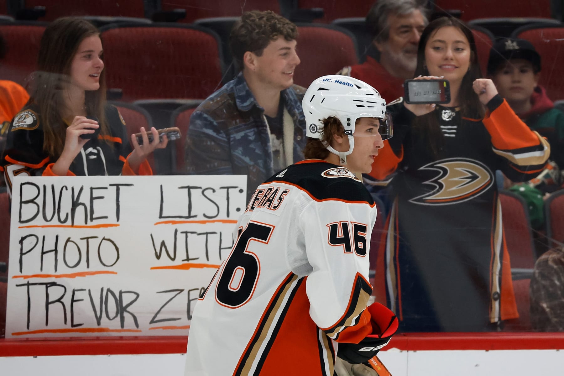 GLENDALE, ARIZONA - APRIL 01: Trevor Zegras #46 of the Anaheim Ducks warms up before the NHL game against the Arizona Coyotes at Gila River Arena on April 01, 2022 in Glendale, Arizona. (Photo by Christian Petersen/Getty Images)