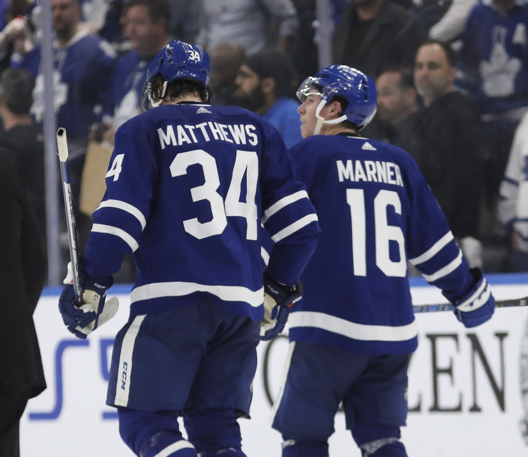 TORONTO, ON - May 14  At the end of the game Auston Matthews (34) of the Toronto Maple Leafs and Mitchell Marner (16) of the Toronto Maple Leafs skate off the ice together.
The Toronto Maple Leafs lost to the Tampa Bay Lightning in NHL hockey action at the Scotiabank Arena in Toronto to exit this year's playoffs.  This is the seventh game of the first round of playoffs
May 14 2022        (Richard Lautens/Toronto Star via Getty Images)