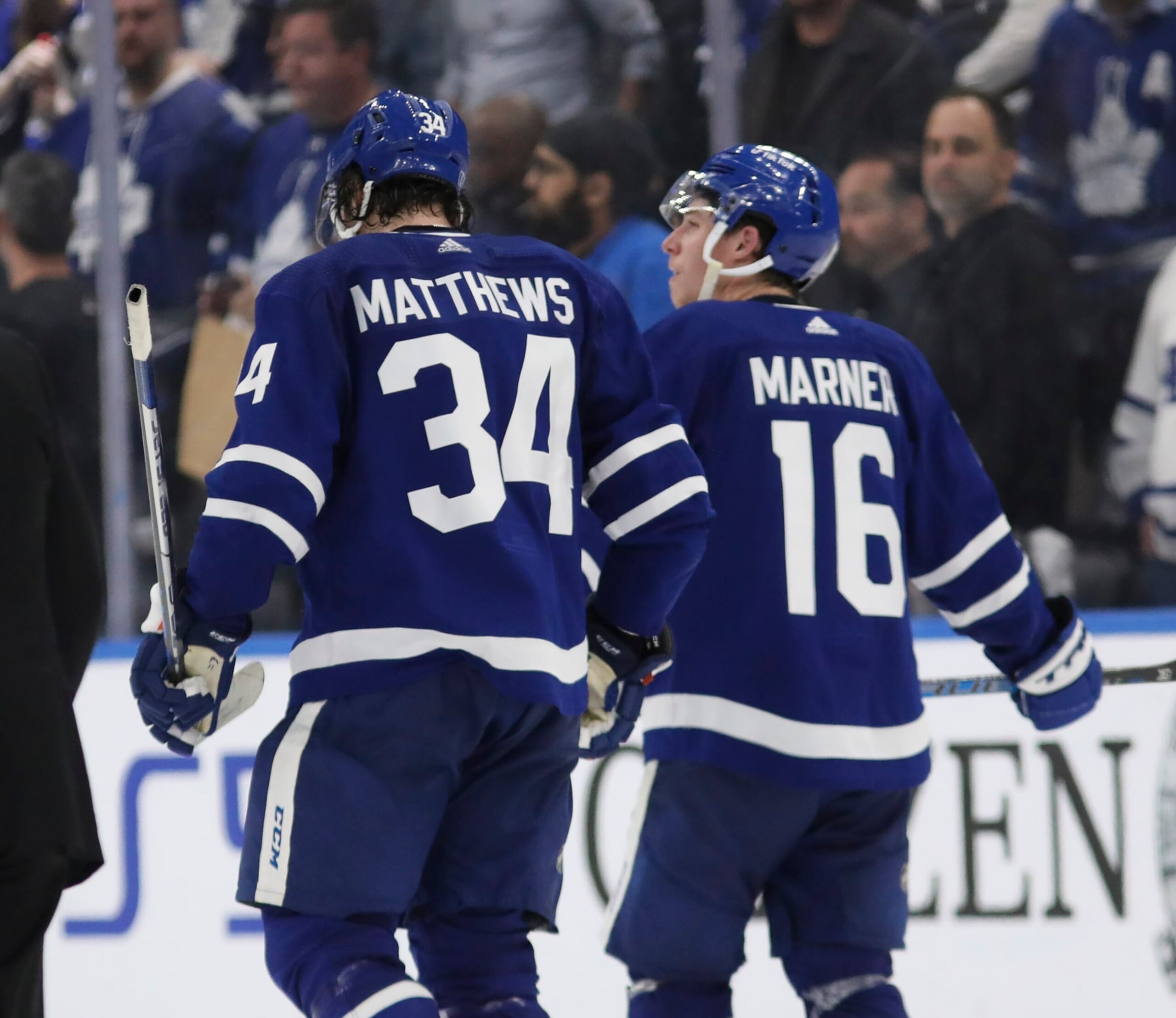TORONTO, ON - May 14 At the end of the game Auston Matthews (34) of the Toronto Maple Leafs and Mitchell Marner (16) of the Toronto Maple Leafs skate off the ice together.
The Toronto Maple Leafs lost to the Tampa Bay Lightning in NHL hockey action at the Scotiabank Arena in Toronto to exit this year's playoffs. This is the seventh game of the first round of playoffs
May 14 2022 (Richard Lautens/Toronto Star via Getty Images) TORONTO, ON - May 14 At the end of the game Auston Matthews (34) of the Toronto Maple Leafs and Mitchell Marner (16) of the Toronto Maple Leafs skate off the ice together.
The Toronto Maple Leafs lost to the Tampa Bay Lightning in NHL hockey action at the Scotiabank Arena in Toronto to exit this year's playoffs. This is the seventh game of the first round of playoffs
May 14 2022 (Richard Lautens/Toronto Star via Getty Images)