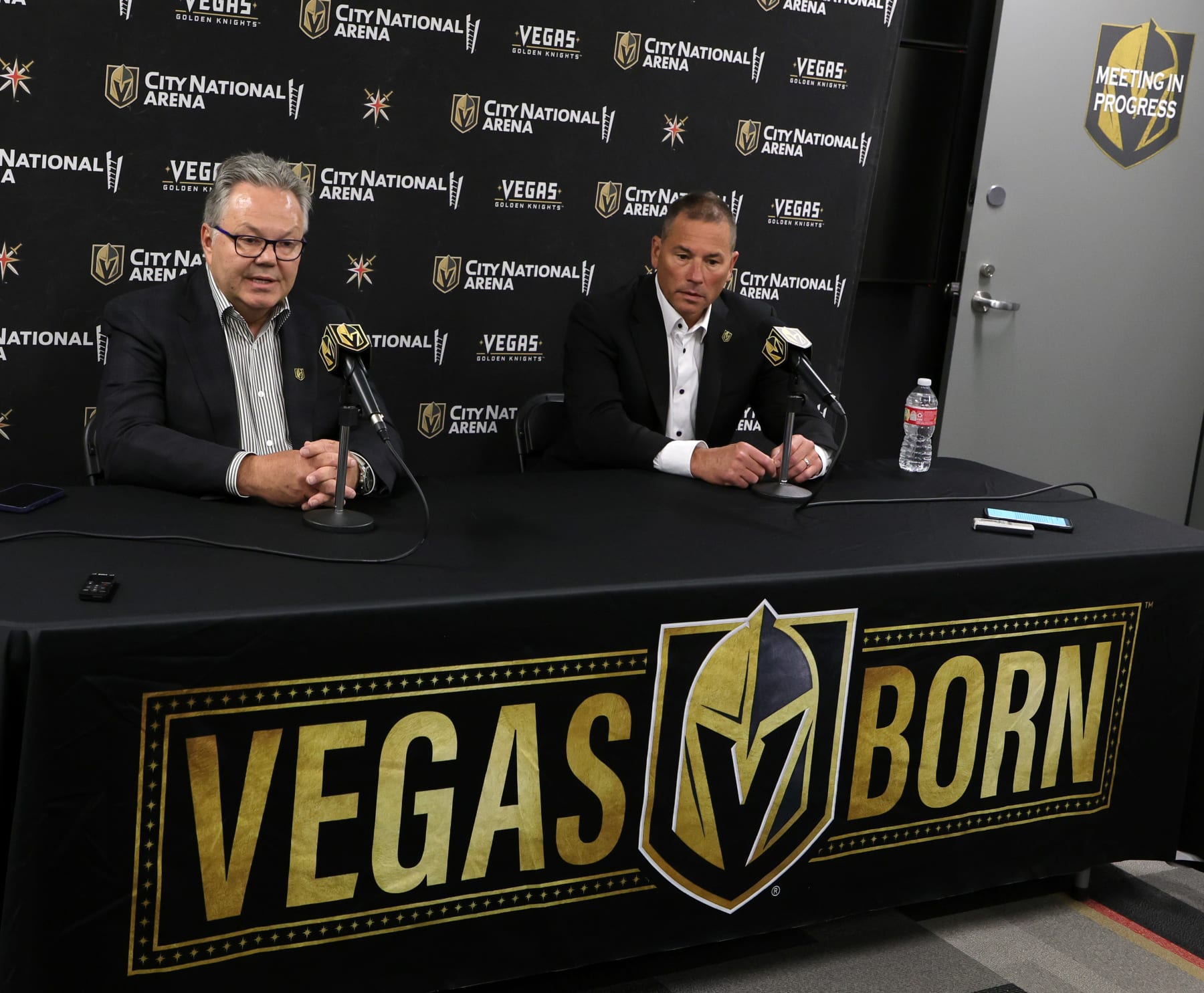 LAS VEGAS, NEVADA - JUNE 16: General manager Kelly McCrimmon (L) of the Vegas Golden Knights and Bruce Cassidy attend a news conference to introduce Cassidy as the team's new head coach at City National Arena on June 16, 2022 in Las Vegas, Nevada. (Photo by Ethan Miller/Getty Images)