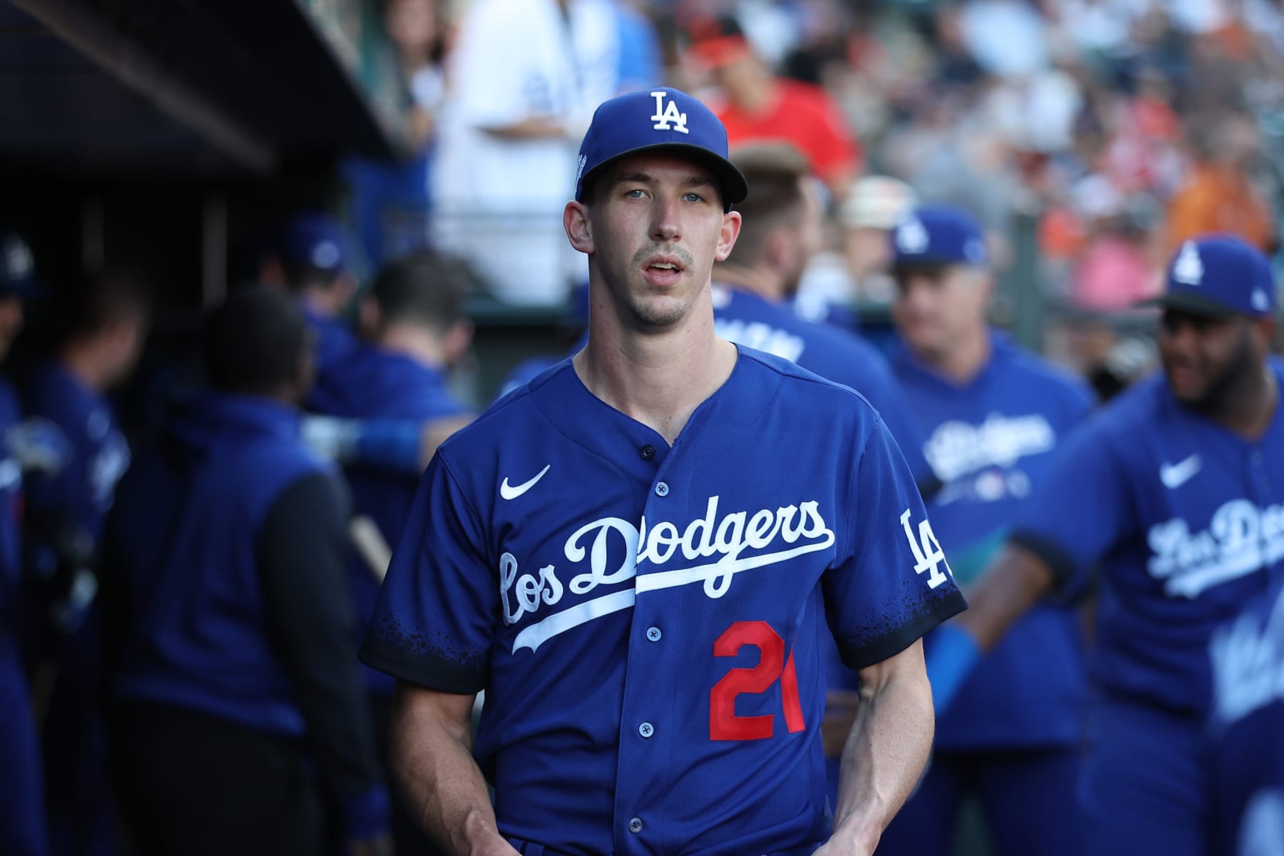 SAN FRANCISCO, CALIFORNIA - JUNE 10: Walker Buehler #21 of the Los Angeles Dodgers looks on before the game against the San Francisco Giants at Oracle Park on June 10, 2022 in San Francisco, California. (Photo by Lachlan Cunningham/Getty Images)