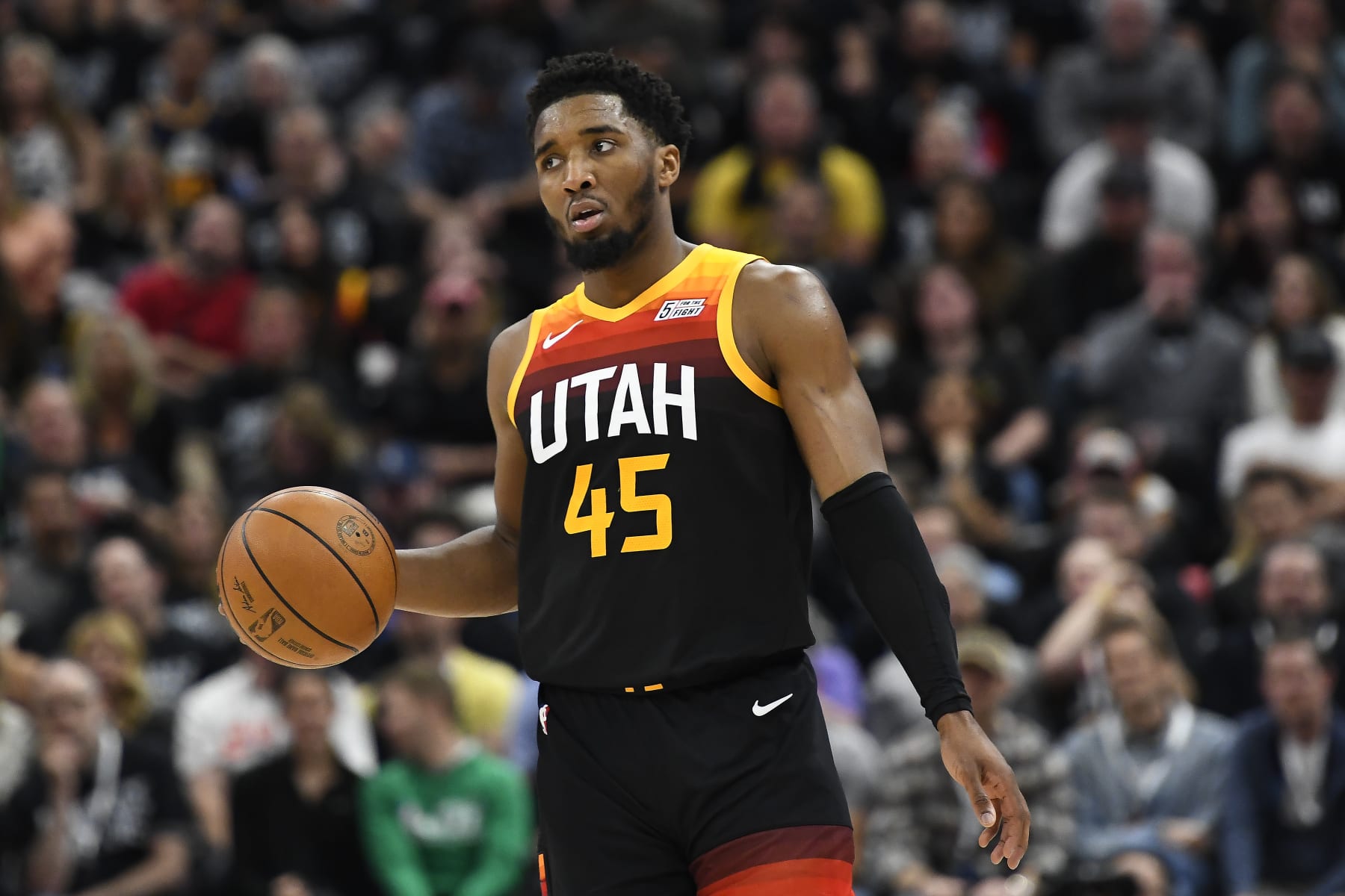SALT LAKE CITY, UTAH - APRIL 28: Donovan Mitchell #45 of the Utah Jazz in action during the second half of Game 6 of the Western Conference First Round Playoffs against the Dallas Mavericks at Vivint Smart Home Arena on April 28, 2022 in Salt Lake City, Utah. NOTE TO USER: User expressly acknowledges and agrees that, by downloading and/or using this Photograph, user is consenting to the terms and conditions of the Getty Images License Agreement. (Photo by Alex Goodlett/Getty Images)