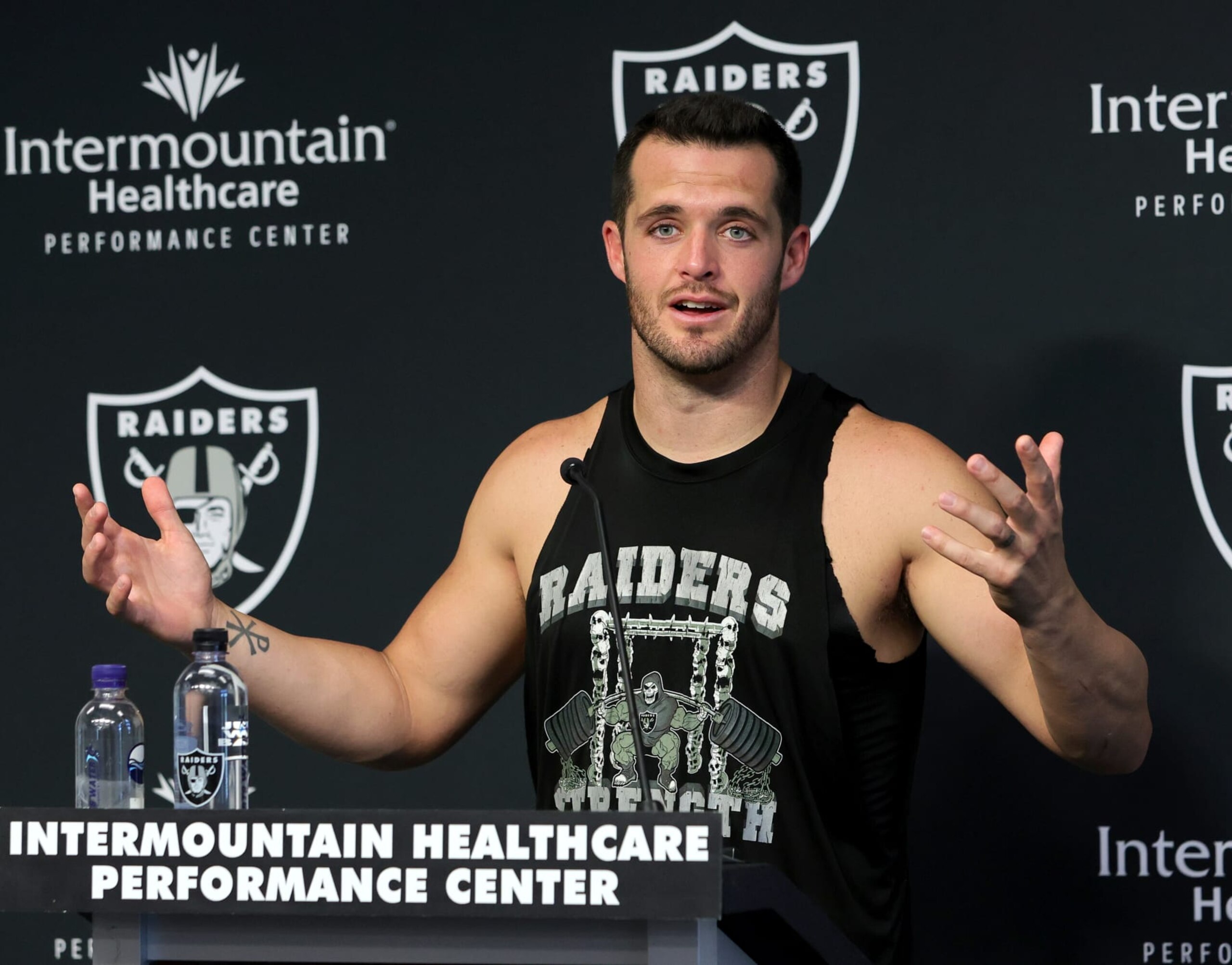 HENDERSON, NEVADA - AUGUST 23: Quarterback Derek Carr #4 of the Las Vegas Raiders speaks at a news conference after a joint practice with the New England Patriots at the Las Vegas Raiders Headquarters/Intermountain Healthcare Performance Center on August 23, 2022 in Henderson, Nevada. The Patriots and Raiders will play a preseason game at Allegiant Stadium in Las Vegas on August 26. (Photo by Ethan Miller/Getty Images)