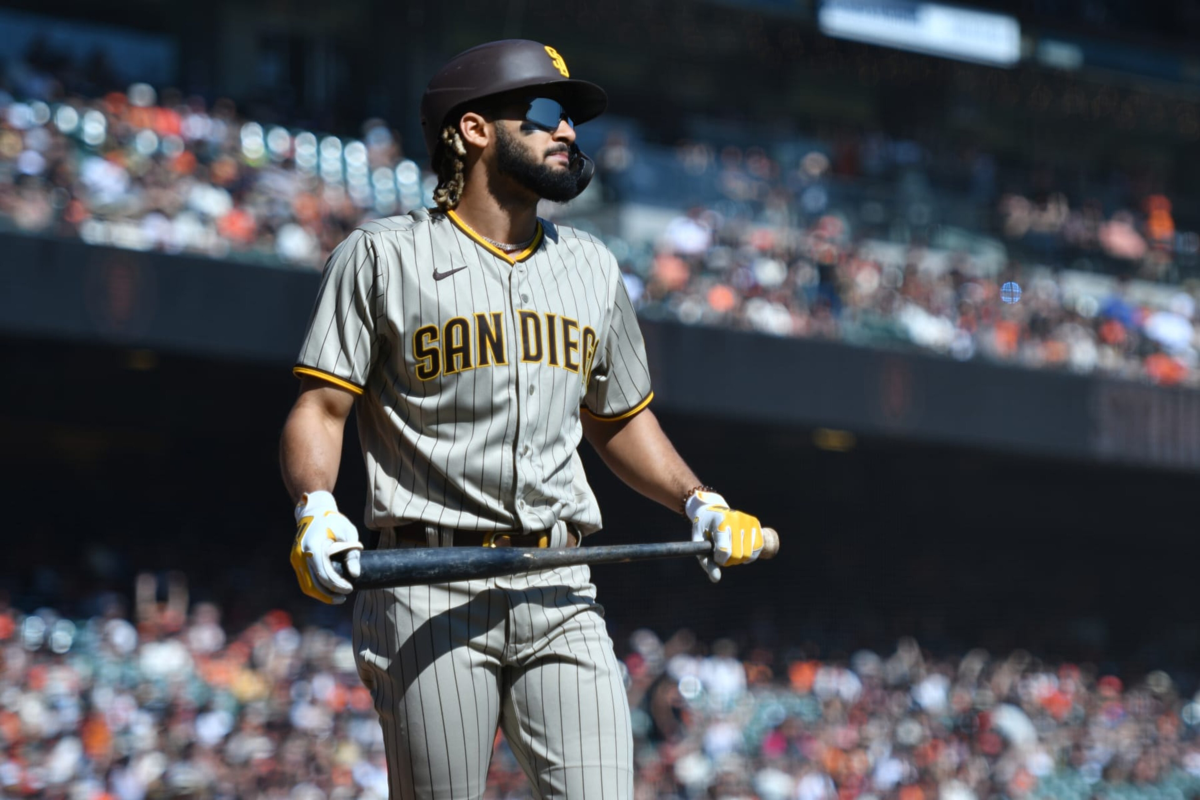 SAN FRANCISCO, CALIFORNIA - OCTOBER 03: Fernando Tatis Jr. #23 of the San Diego Padres strikes out in the first inning against the San Francisco Giants at Oracle Park on October 03, 2021 in San Francisco, California. (Photo by Brandon Vallance/Getty Images)