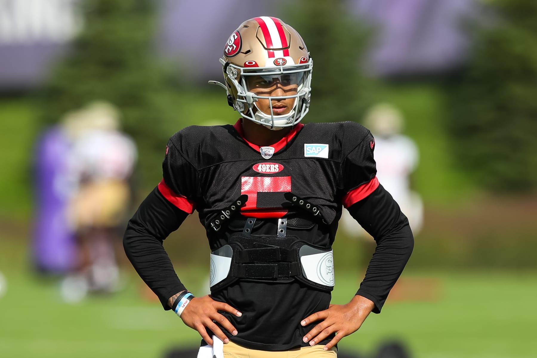 EAGAN, MN - AUGUST 18: Trey Lance #5 of the San Francisco 49ers looks on during a joint practice with the Minnesota Vikings at training camp at TCO Performance Center on August 18, 2022 in Eagan, Minnesota. (Photo by David Berding/Getty Images)