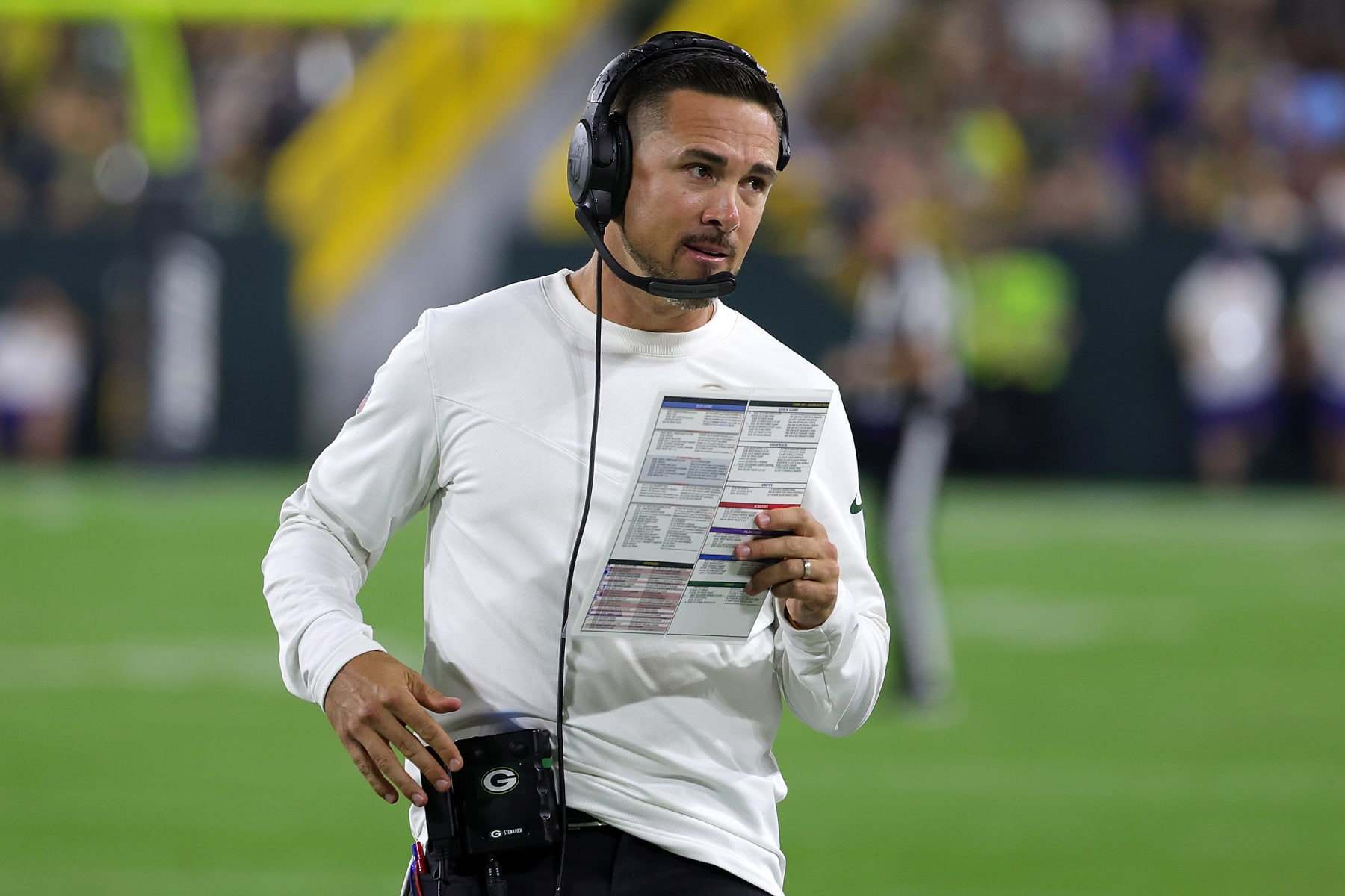 GREEN BAY, WISCONSIN - AUGUST 19: Head coach Matt LaFleur of the Green Bay Packers watches action during a preseason game against the New Orleans Saints at Lambeau Field on August 19, 2022 in Green Bay, Wisconsin. (Photo by Stacy Revere/Getty Images)