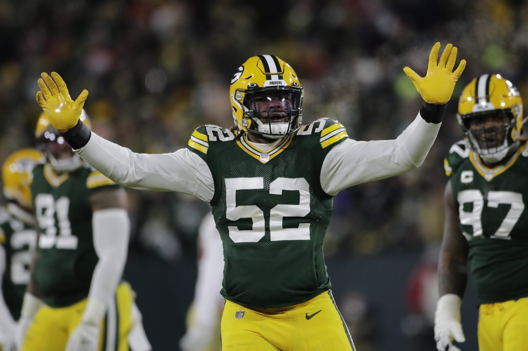 Green Bay Packers' Rashan Gary reacts after sacking San Francisco 49ers' Jimmy Garoppolo during the first half of an NFC divisional playoff NFL football game Saturday, Jan. 22, 2022, in Green Bay, Wis. (AP Photo/Aaron Gash)