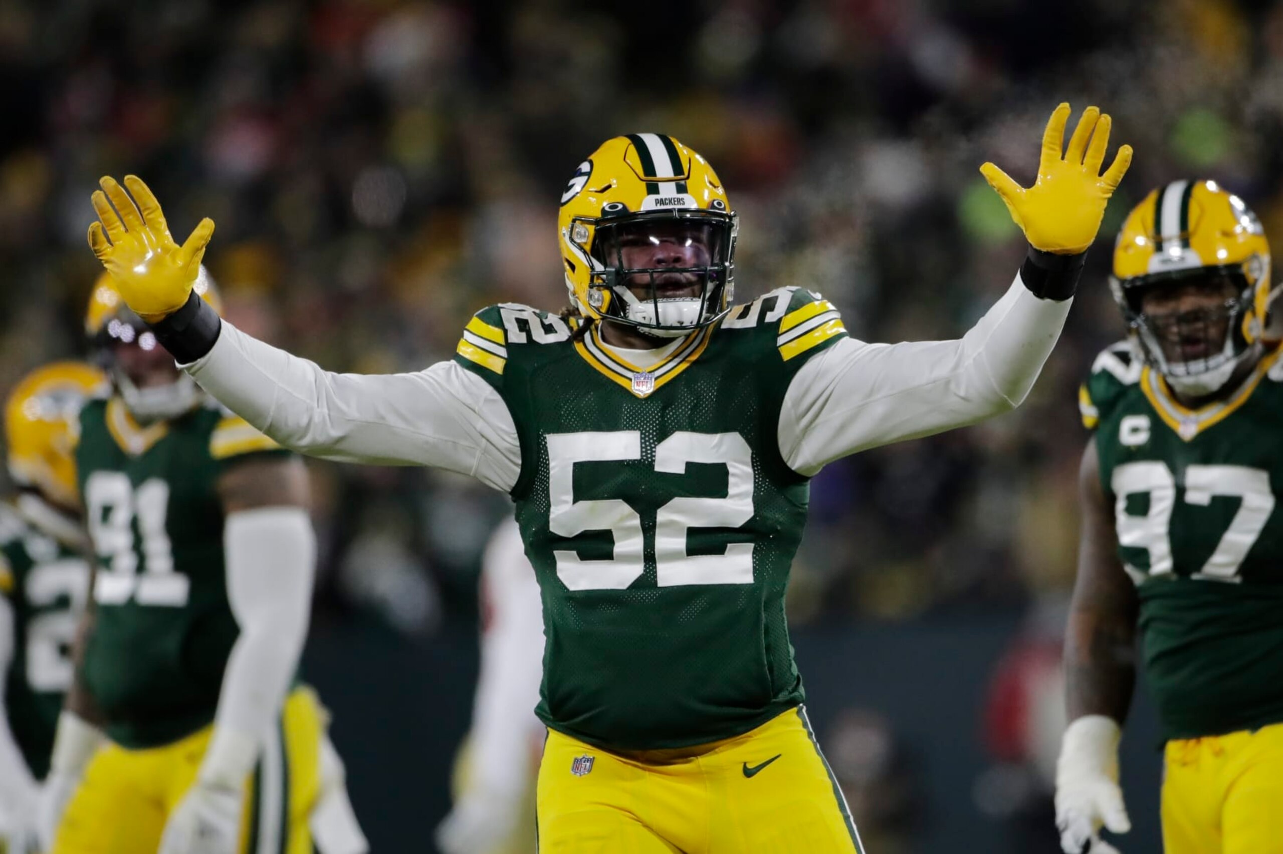 Green Bay Packers' Rashan Gary reacts after sacking San Francisco 49ers' Jimmy Garoppolo during the first half of an NFC divisional playoff NFL football game Saturday, Jan. 22, 2022, in Green Bay, Wis. (AP Photo/Aaron Gash)