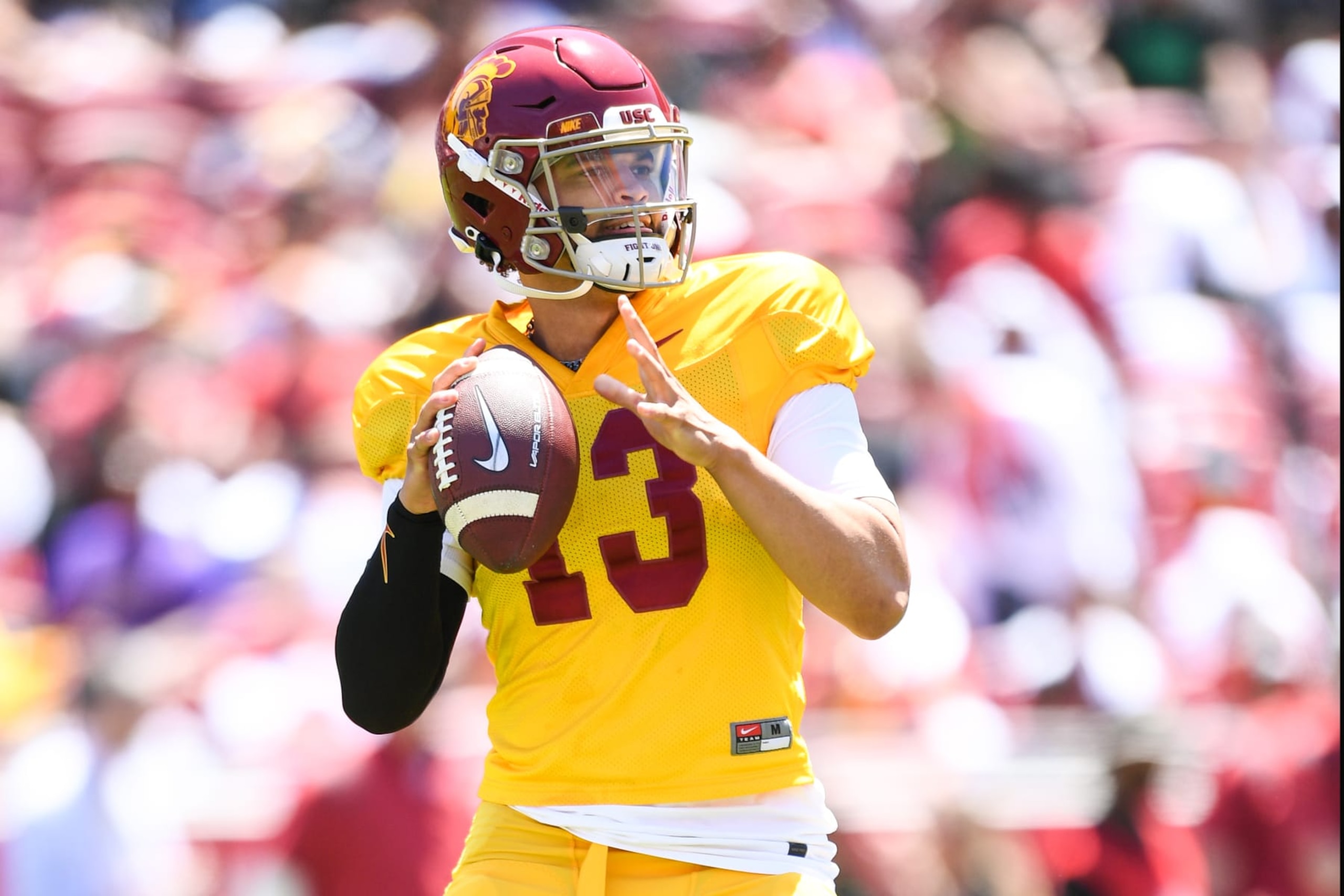 LOS ANGELES, CA - APRIL 23: USC Trojans quarterback Caleb Williams (13) drops back to pass during USC Trojans Spring Game on April 23, 2022, at Los Angeles Memorial Coliseum in Los Angeles, CA. (Photo by Brian Rothmuller/Icon Sportswire via Getty Images)