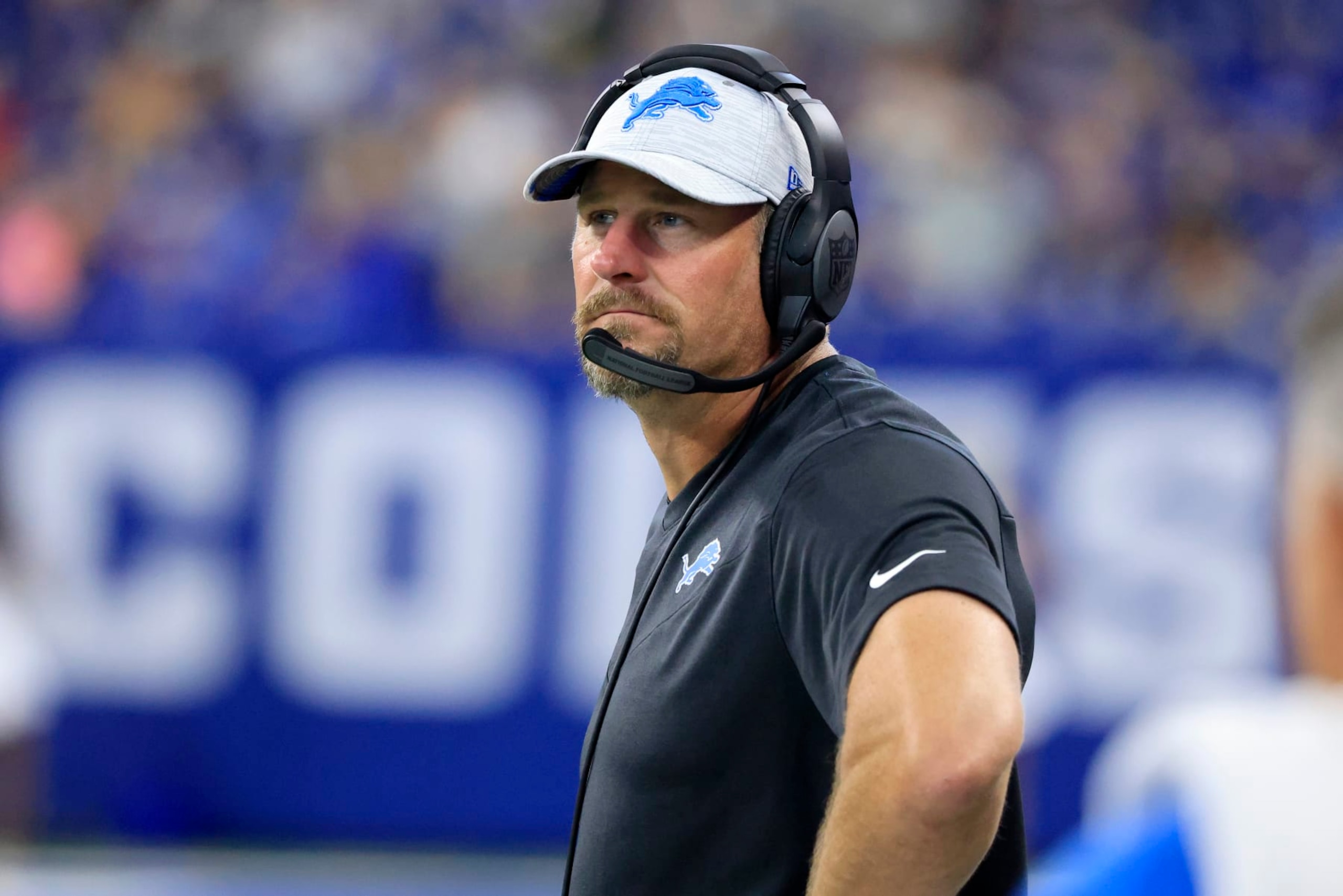 INDIANAPOLIS, INDIANA - AUGUST 20: Head coach Dan Campbell of the Detroit Lions on the sidelines in the preseason game against the Indianapolis Colts at Lucas Oil Stadium on August 20, 2022 in Indianapolis, Indiana. (Photo by Justin Casterline/Getty Images)