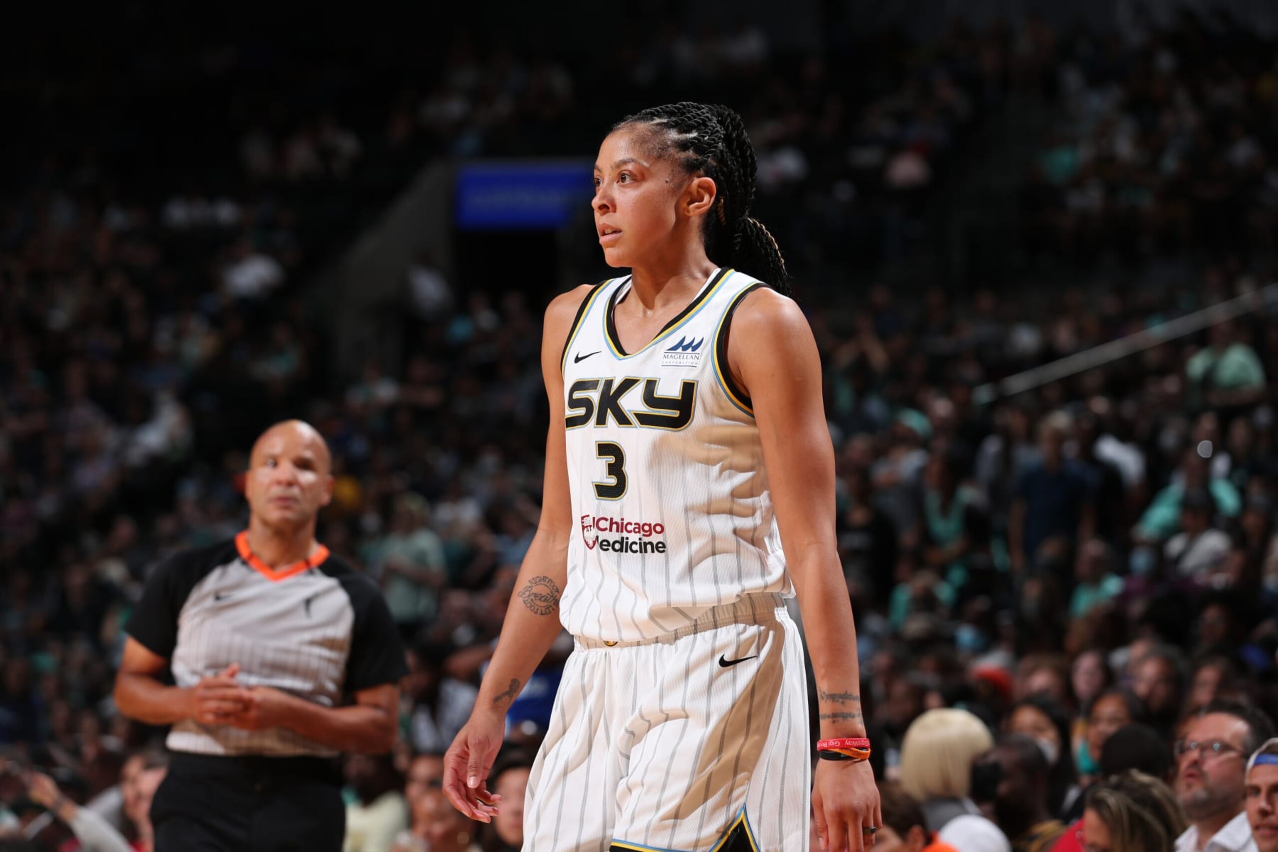 BROOKLYN, NY - AUGUST 23: Candace Parker #3 of the Chicago Sky looks on during Round 1 Game 3 of the 2022 WNBA Playoffs on August 23, 2022 at the Barclays Center in Brooklyn, New York. NOTE TO USER: User expressly acknowledges and agrees that, by downloading and or using this photograph, user is consenting to the terms and conditions of the Getty Images License Agreement. Mandatory Copyright Notice: Copyright 2022 NBAE (Photo by Chris Marion/NBAE via Getty Images) BROOKLYN, NY - AUGUST 23: Candace Parker #3 of the Chicago Sky looks on during Round 1 Game 3 of the 2022 WNBA Playoffs on August 23, 2022 at the Barclays Center in Brooklyn, New York. NOTE TO USER: User expressly acknowledges and agrees that, by downloading and or using this photograph, user is consenting to the terms and conditions of the Getty Images License Agreement. Mandatory Copyright Notice: Copyright 2022 NBAE (Photo by Chris Marion/NBAE via Getty Images)