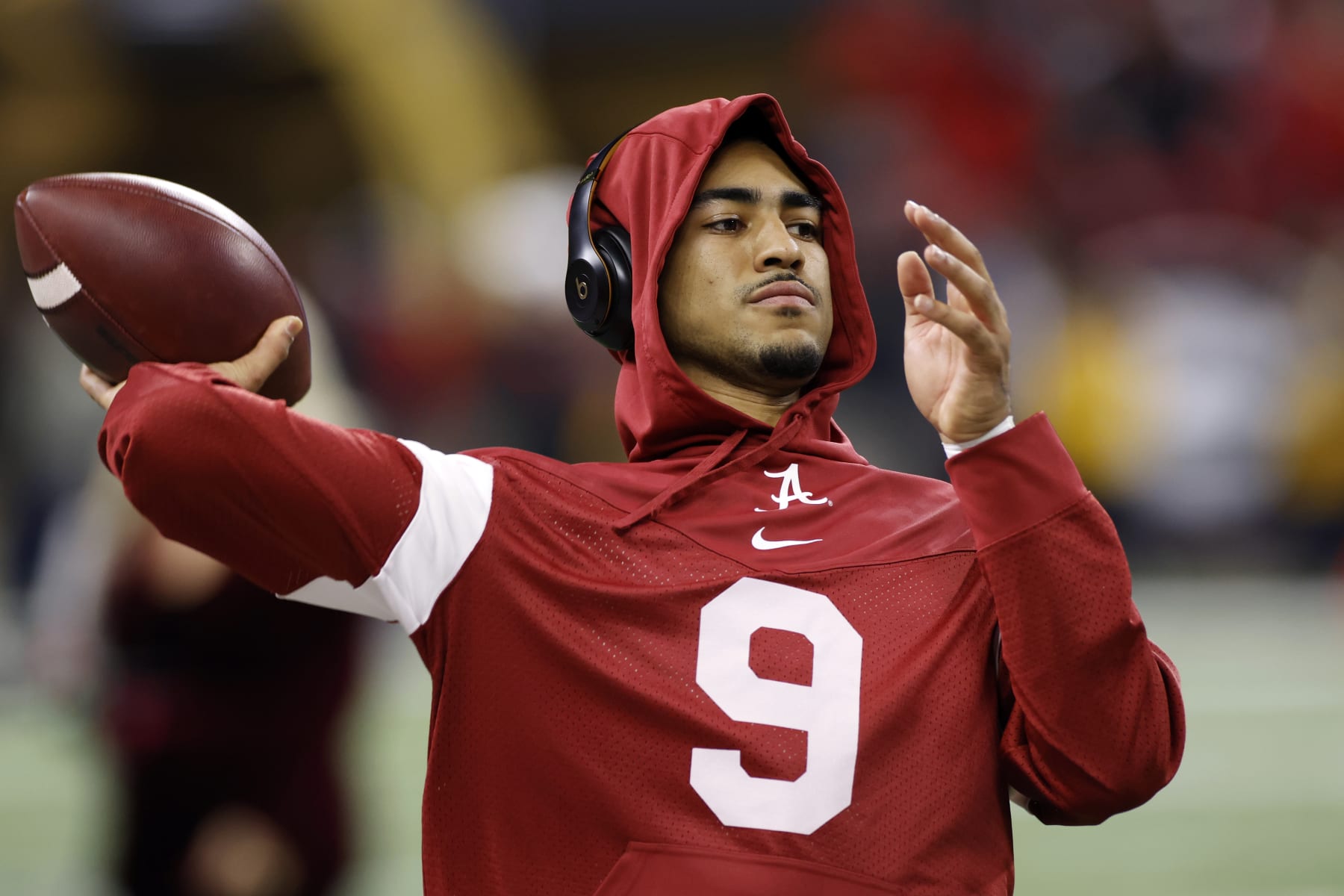 INDIANAPOLIS, IN - JANUARY 10: Alabama Crimson Tide quarterback Bryce Young (9) warms up prior to the CFP National Championship college football game against the Georgia Bulldogs on Jan. 10, 2022 at Lucas Oil Stadium in Indianapolis, Indiana. (Photo by Joe Robbins/Icon Sportswire via Getty Images)