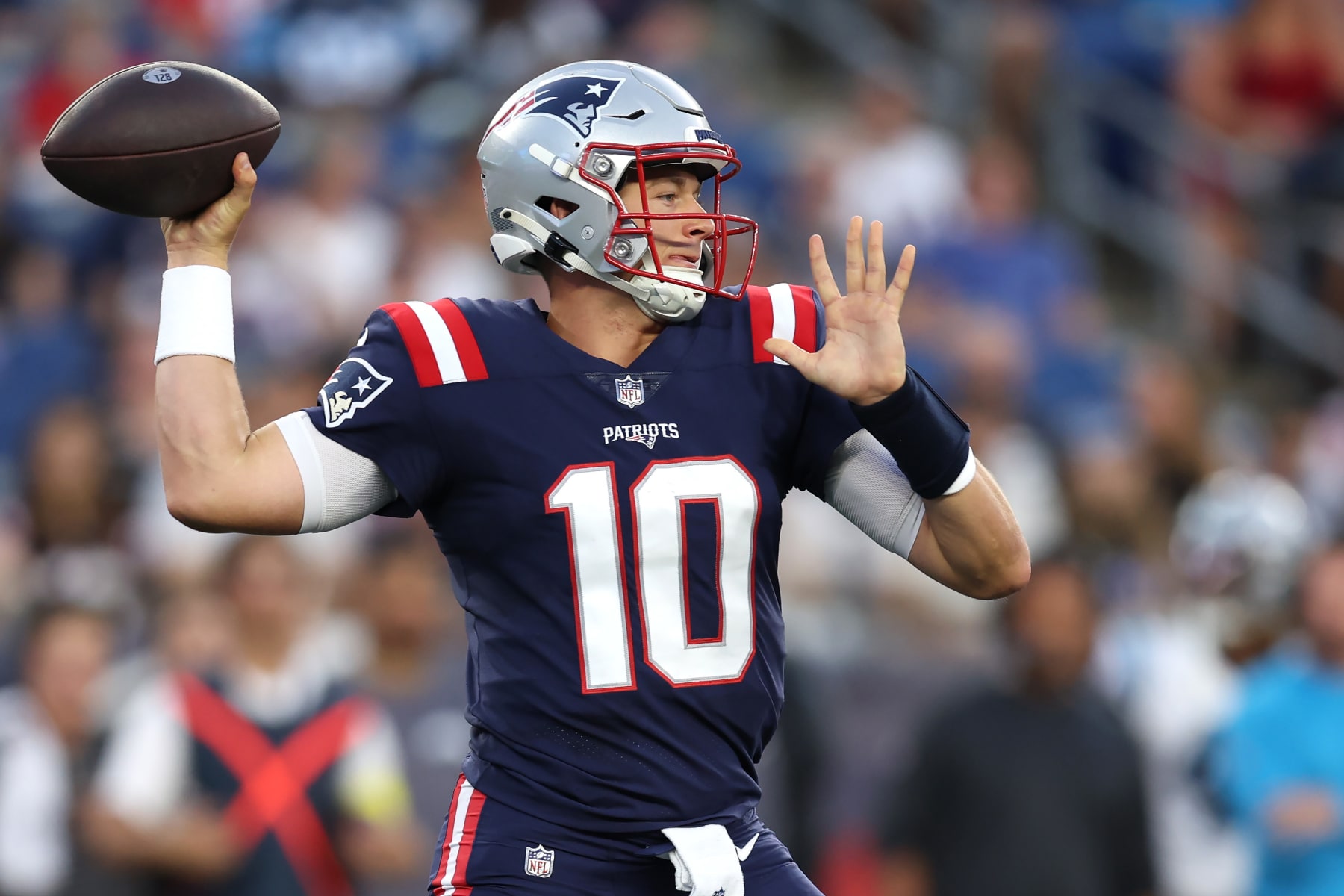 FOXBOROUGH, MASSACHUSETTS - AUGUST 19: Mac Jones #10 of the New England Patriots throws during the preseason game between the New England Patriots and the Carolina Panthers at Gillette Stadium on August 19, 2022 in Foxborough, Massachusetts. (Photo by Maddie Meyer/Getty Images)