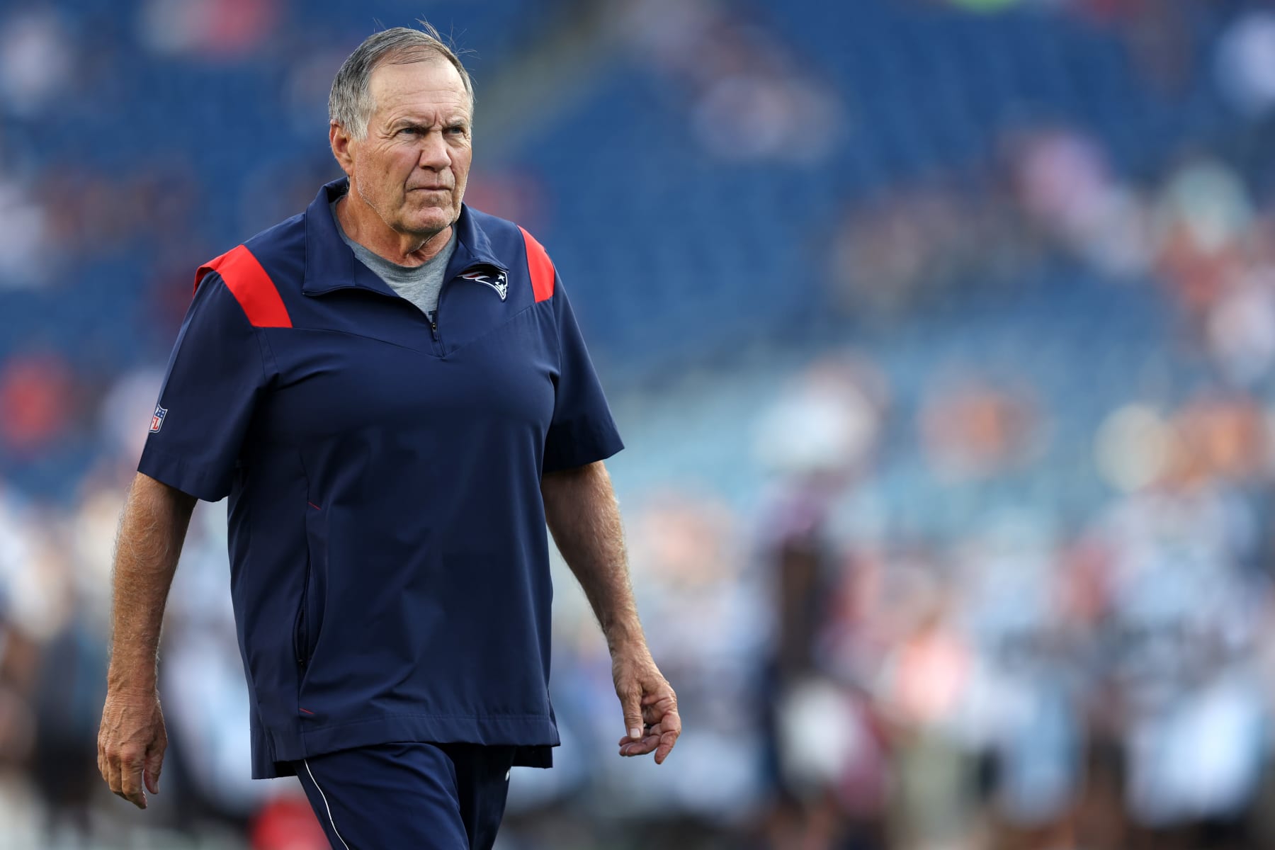 FOXBOROUGH, MASSACHUSETTS - AUGUST 19: Head coach Bill Belichick of the New England Patriots looks on before the preseason game between the New England Patriots and the Carolina Panthers at Gillette Stadium on August 19, 2022 in Foxborough, Massachusetts. (Photo by Maddie Meyer/Getty Images)