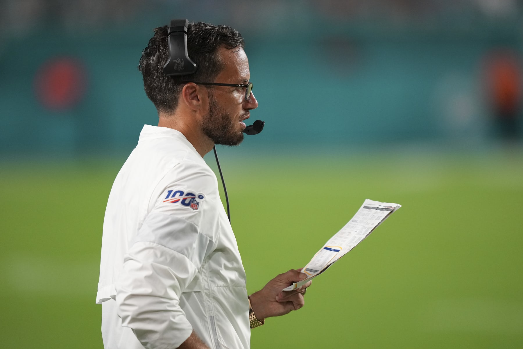 MIAMI GARDENS, FLORIDA - AUGUST 20: Miami Dolphins Head Coach Mike McDaniel on the sidelines during the game against the Las Vegas Raiders at Hard Rock Stadium on August 20, 2022 in Miami Gardens, Florida. (Photo by Eric Espada/Getty Images)