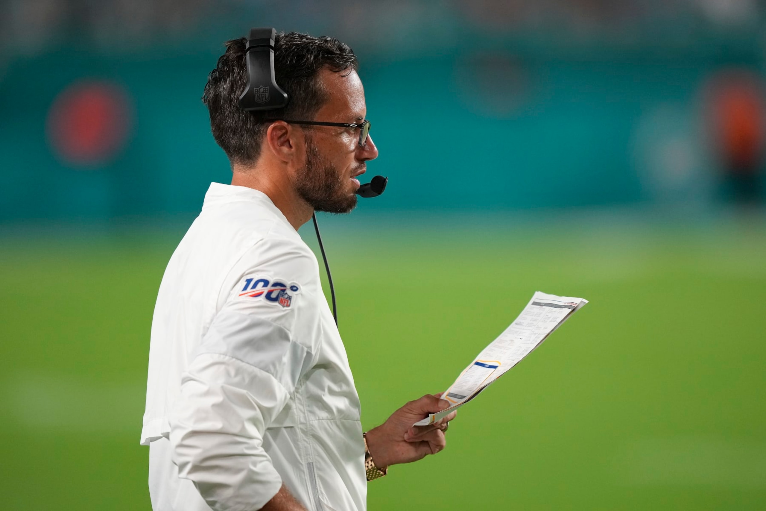 MIAMI GARDENS, FLORIDA - AUGUST 20: Miami Dolphins Head Coach Mike McDaniel on the sidelines during the game against the Las Vegas Raiders at Hard Rock Stadium on August 20, 2022 in Miami Gardens, Florida. (Photo by Eric Espada/Getty Images) MIAMI GARDENS, FLORIDA - AUGUST 20: Miami Dolphins Head Coach Mike McDaniel on the sidelines during the game against the Las Vegas Raiders at Hard Rock Stadium on August 20, 2022 in Miami Gardens, Florida. (Photo by Eric Espada/Getty Images)
