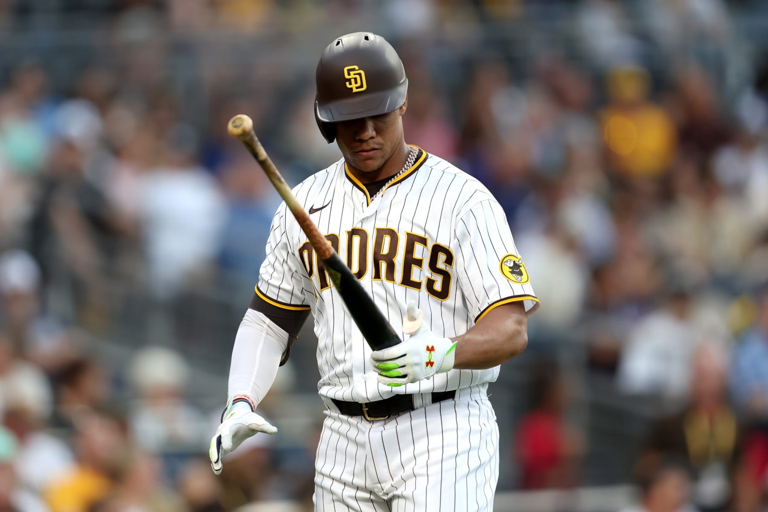 SAN DIEGO, CALIFORNIA - AUGUST 18: Juan Soto #22 of the San Diego Padres looks on after fouling out during the first inning of a game against the Washington Nationals at PETCO Park on August 18, 2022 in San Diego, California. (Photo by Sean M. Haffey/Getty Images)